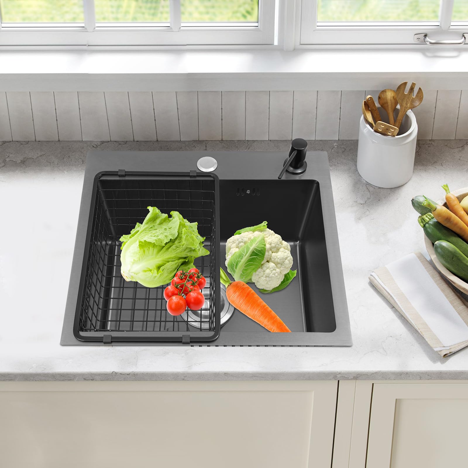 Lavello da incasso, in acciaio inox, nero, con cestello