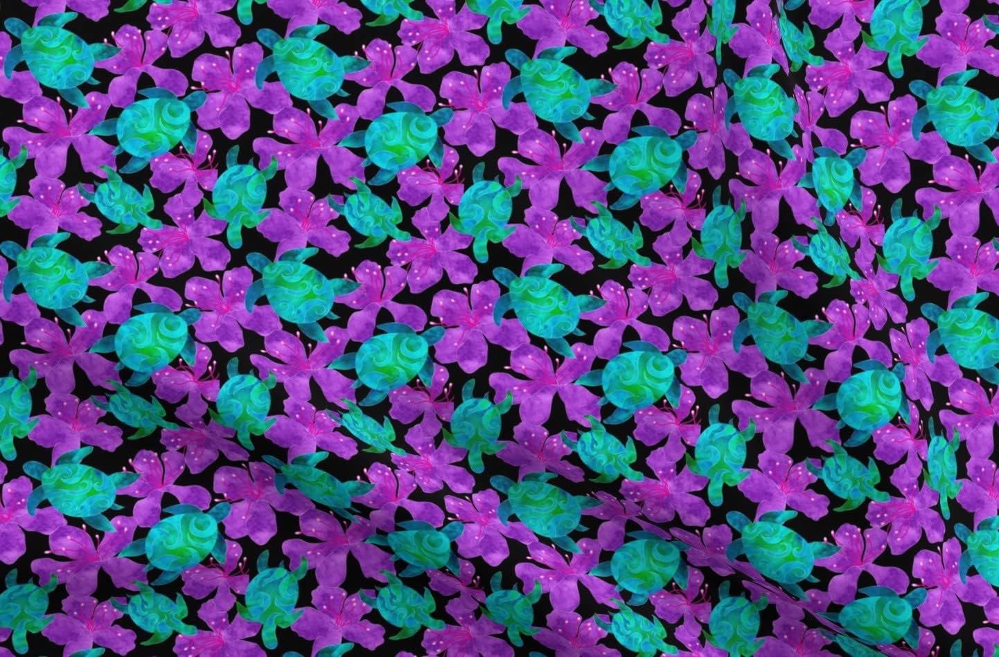 Spoonflower Fabric - Midnight Sea Turtles Running Flowers Floral Ocean Printed on Petal Signature Cotton Fabric by The Yard - Sewing Quilting Apparel Crafts Decor