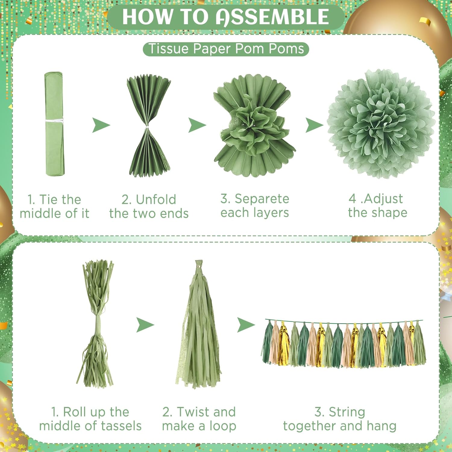 Green Gold Birthday Decorations for Women Girls, St Patricks Day Green Birthday Banner Fringe Curtain Balloons Tissue Paper Pompoms, Paper Tassel, Circle Garland Set for Girls Women Birthday Party ﻿ - Image 7
