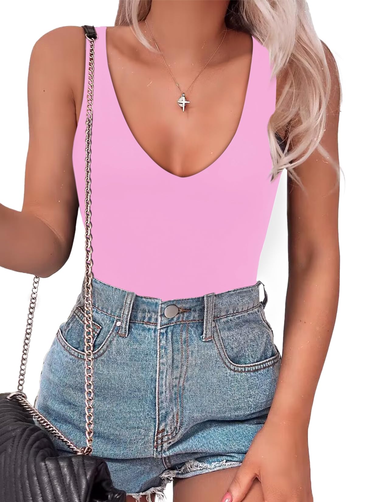 SAUNGKUAI Women's Bodysuit Plunge Deep V Neck Backless Sleeveless Going Out Tank Tops Thong Body Suits Leopard