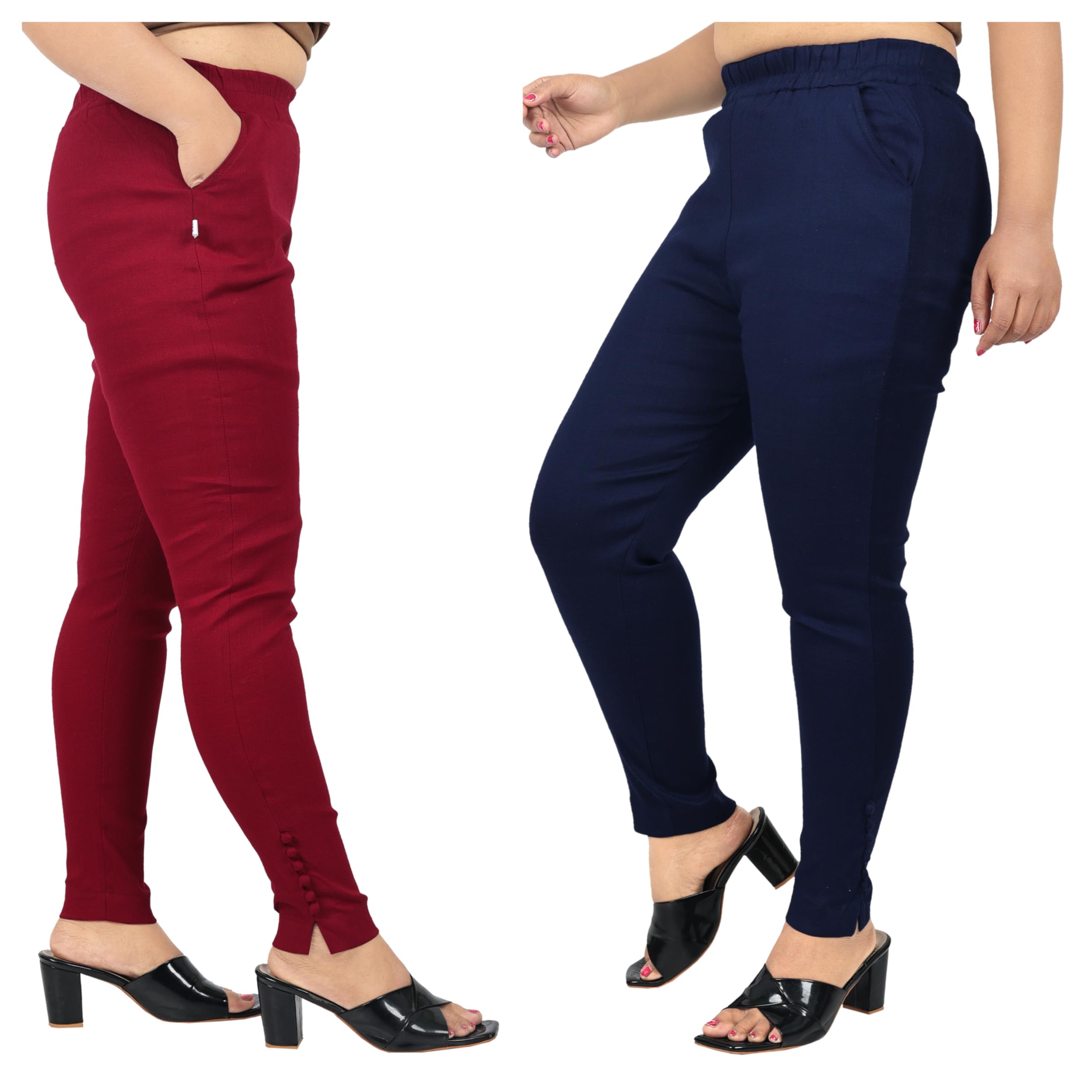 Women's Slim Fit Pants, Red and Yellow, Elasticated Waist, with Pockets, Pack of 2-picture-28