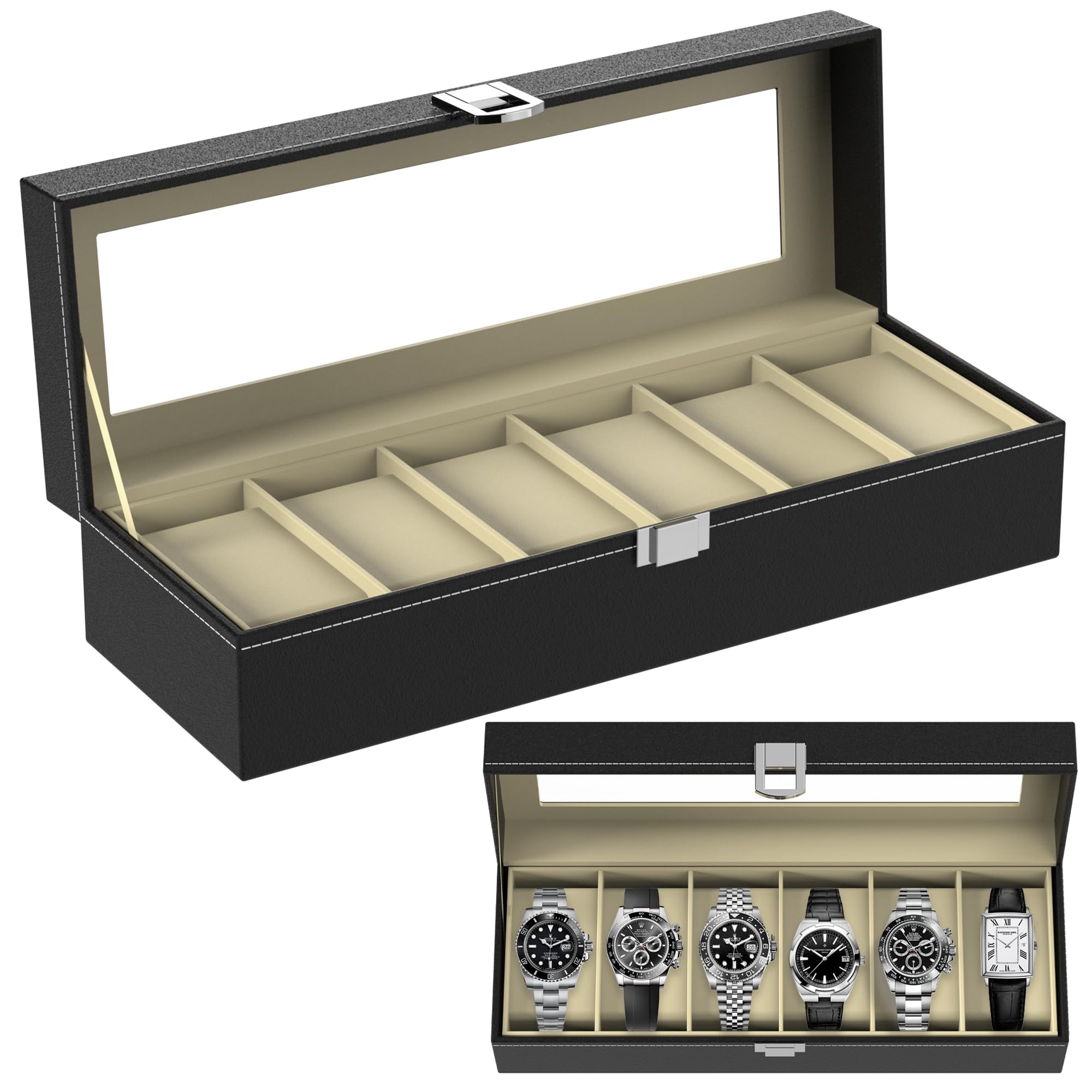 ZENO Watch Box | Watch Case | Watch Box for Men | Watch Boxes | Leather Watch Jewellery Display Storage Box | Bracelet Organizers Display Boxes with Pillow Holders (6 Grids)