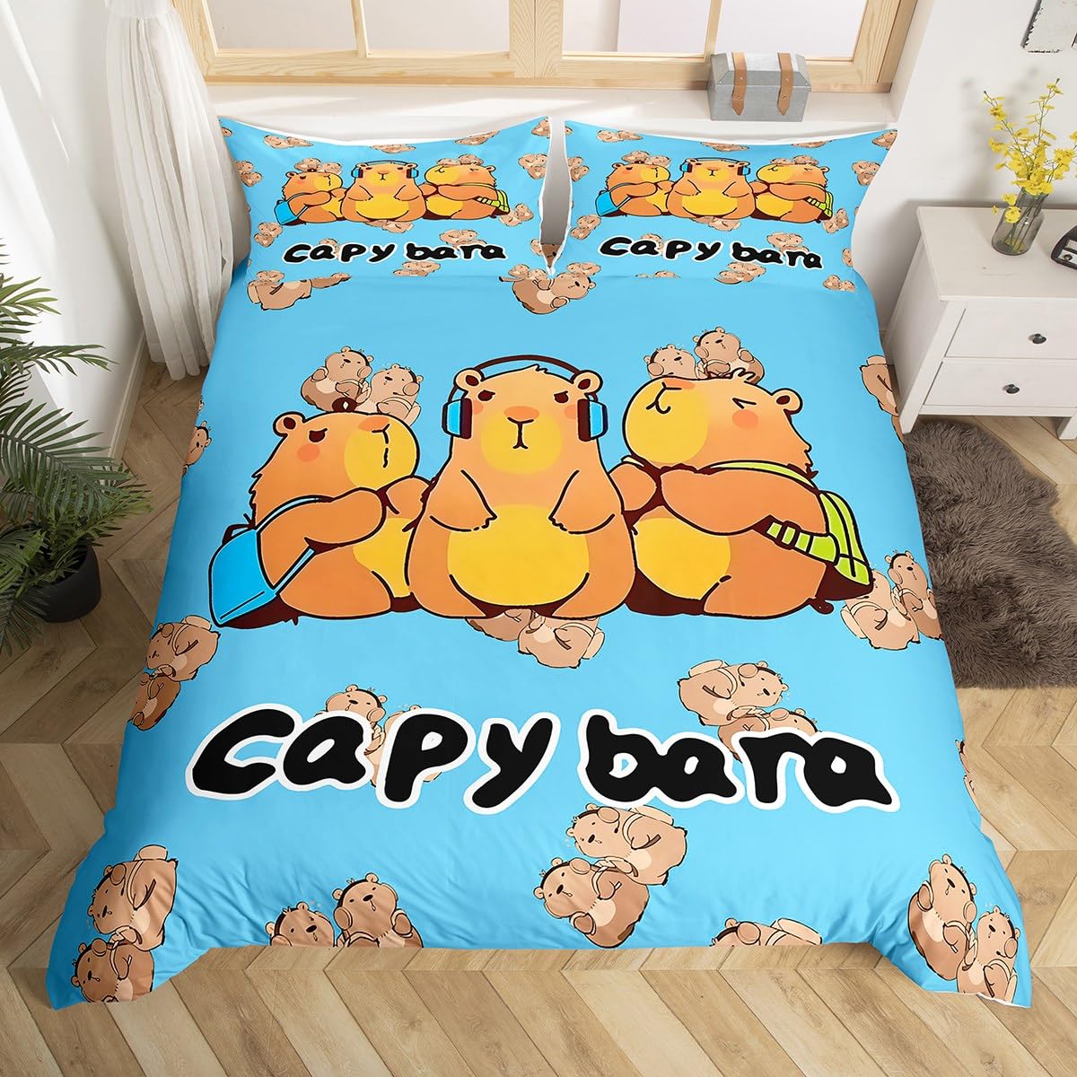 Homewish Kawaii Capybara Single Duvet Cover Set with 1 Pillowcase - Cartoon Rodents Bedding Set Cute Beaver Wild Animals Pattern Quilt Cover - Wild Safari Natural Theme Bed Sets - Blue