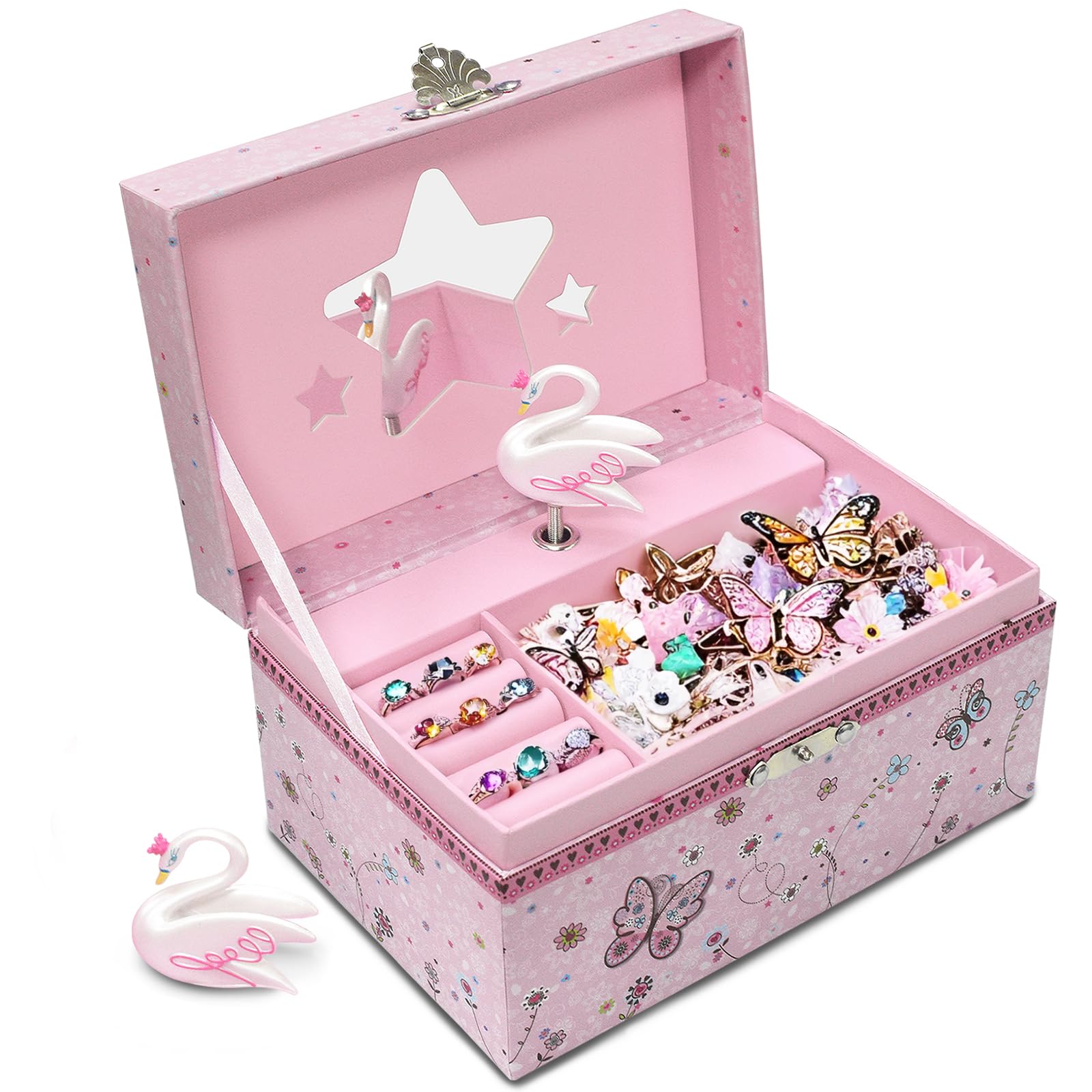 DWIYITTN Musical Jewellery Box  Pink Swan Organizer with Butterfly for Girls,Kids Jewellery Box,Music Box for Girls, 18 x 12 x 10 cmJewelry not included