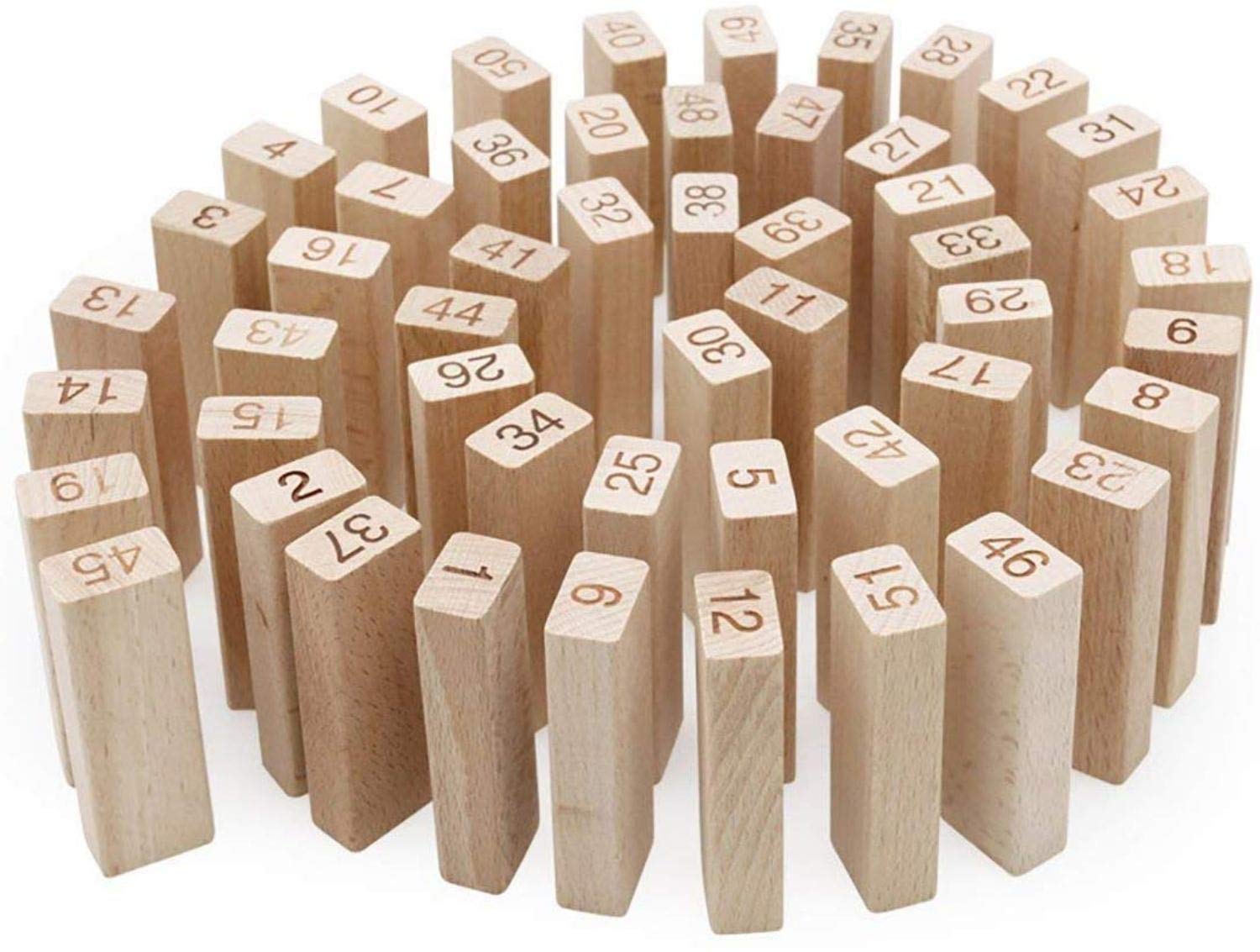 MEGATOYS Wooden Blocks 54 pcs 4 Dices Wooden Numbered Building Bricks Stacking Classic Traditional Toppling Tumbling Tower Game Kid Gift - Challenging Maths for Adults and Kids (Small)