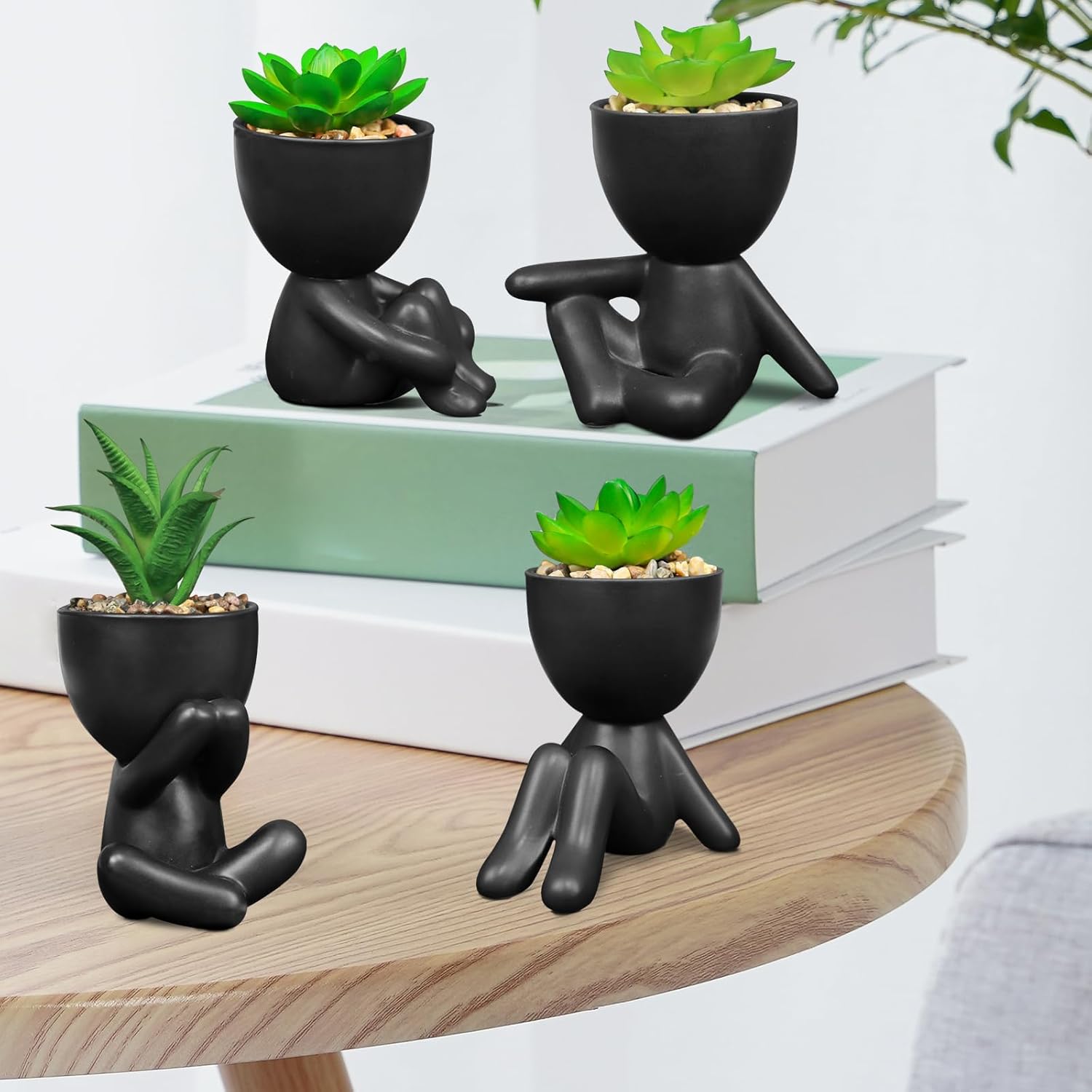 Pack of 4 Black Cute Fake Plants, Artificial Succulent Plants with Creative Human Shaped Pots,Mini Potted Desk Plants for Office Bathroom Shelf Cubicle Home Decor (Matte Black)