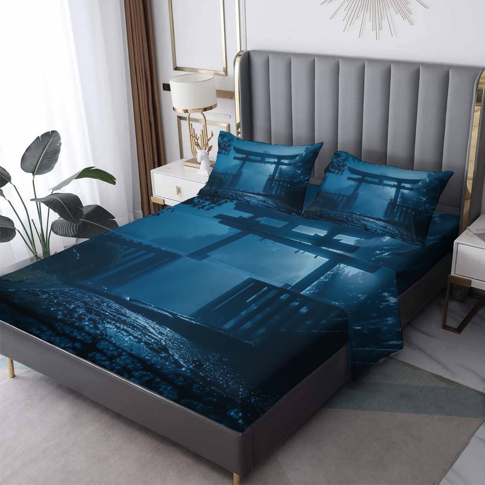 Zvynqour - Japanese Style Twin Size Sheet Set - Torii Sheet Set, Deep Pocket Fitted Sheets, Flat Sheet & Pillowcases - 3 Pieces, Bedding &