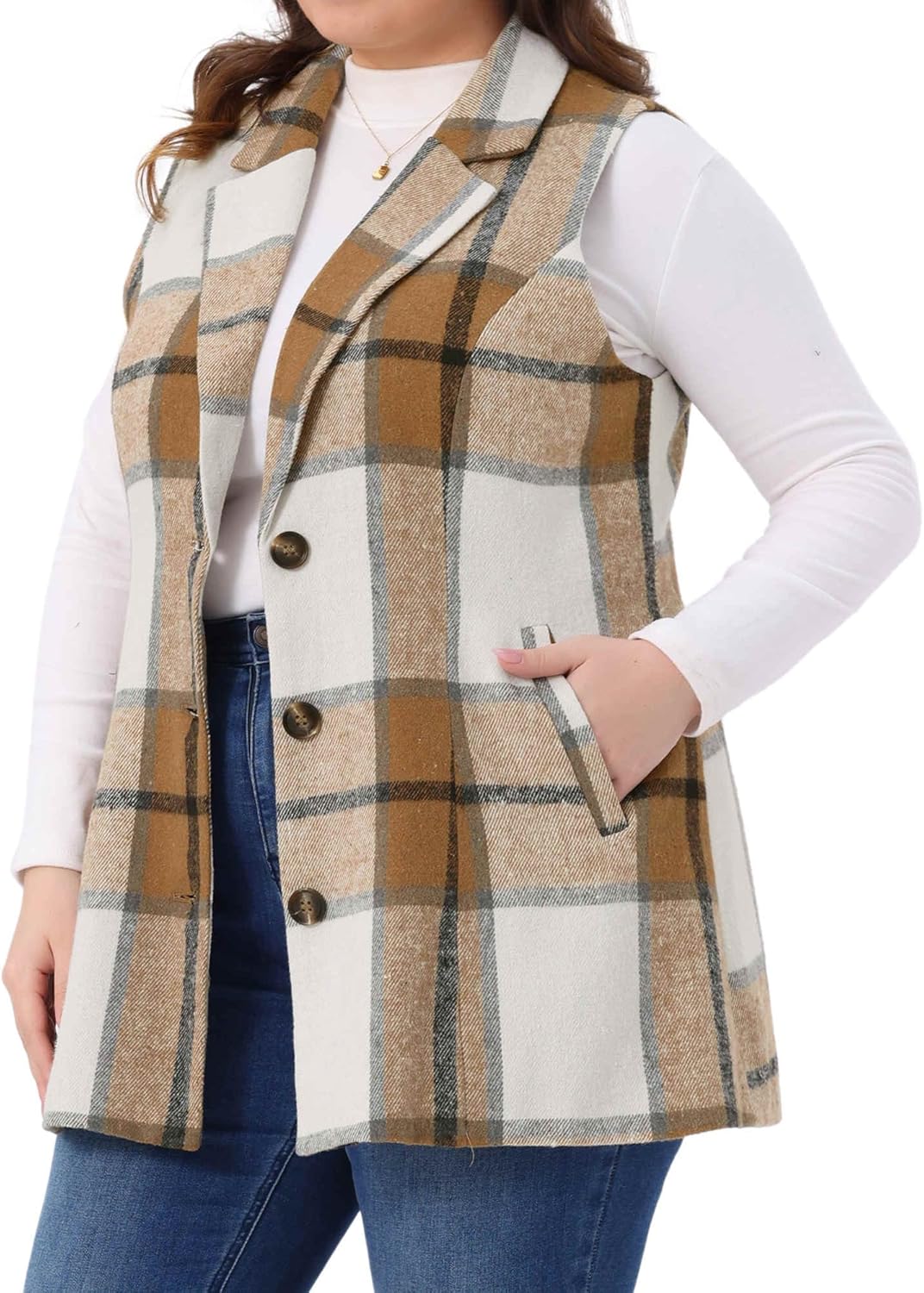 Agnes Orinda Plus Size Plaid Vest for Curvy Women Notched Lapel Checkered Sleeveless Long Vest Casual Jacket Outerwear - Image 2