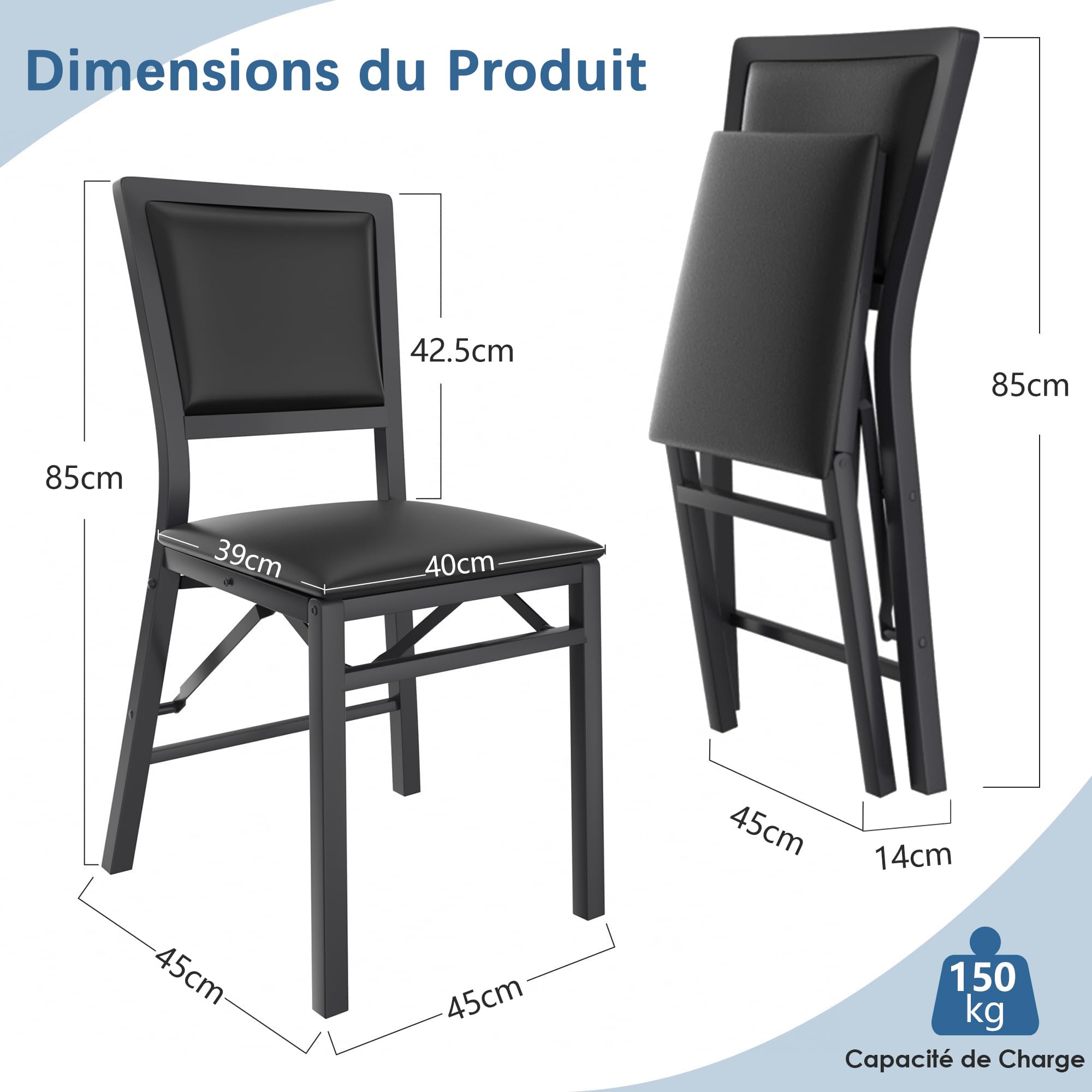 VECELO Lot de 4 Chaises Pliantes Rembourrées pour Salle à Manger, Assise Matelassée, Cadre Métallique Résistant, Meuble de Repas sans Montage Gain de Place pour Cuisine Salon, Noir