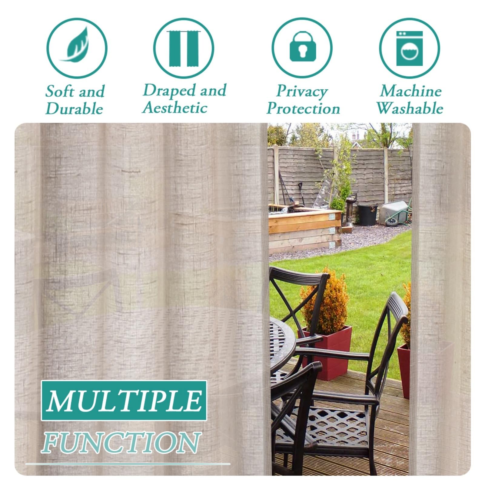 Rideau Extérieur Imperméable Et Coupe-Vent, Protection UV, pour Pergola, Gazebo, Terrasse, Pavillon Et Balcon - Lot De 2 Panneaux Transparents en Lin (Nature,W 52" XL 107.9")