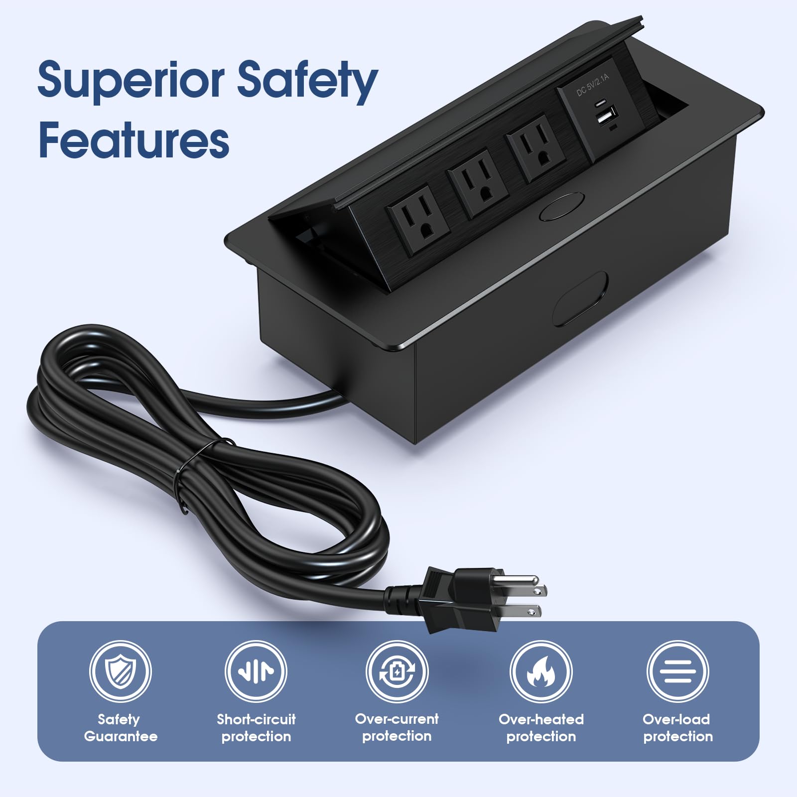 KYHSHJ Connection Box Desktop Pop Up Outlet with 3 * 15A Receptacle?2.1A 1 USB-A Ports &1 USB-C Port?Corrosive Resistant Hardware,Black