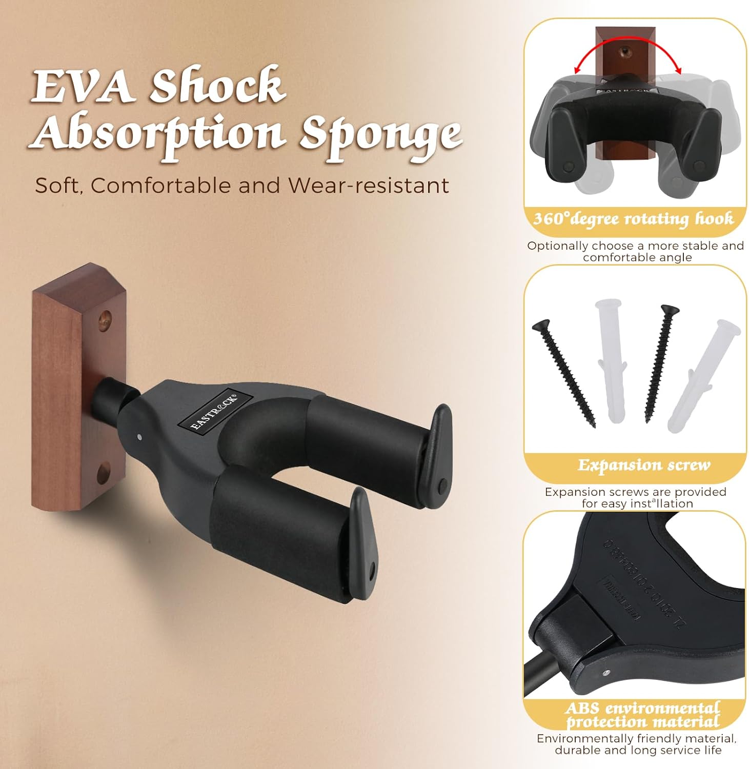 EASTROCK Guitar Wall Mount 2 Pack Locking, Hardwood Guitar Hanger Wall Mount Auto Lock, Adjustable Rotatable Guitar Holder Stand for Acoustic Electric Guitar Bass Mandolin Banjo, Black