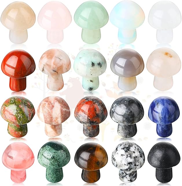 20 Pieces Crystal Mushroom Sculpture Decor Hand Making Mini Mushroom Shape Worry Stones Bulk Crystals Gemstone Quartz Mushroom Decor for Witchcraft DIY Meditation Balancing Collection (Vivid Style)