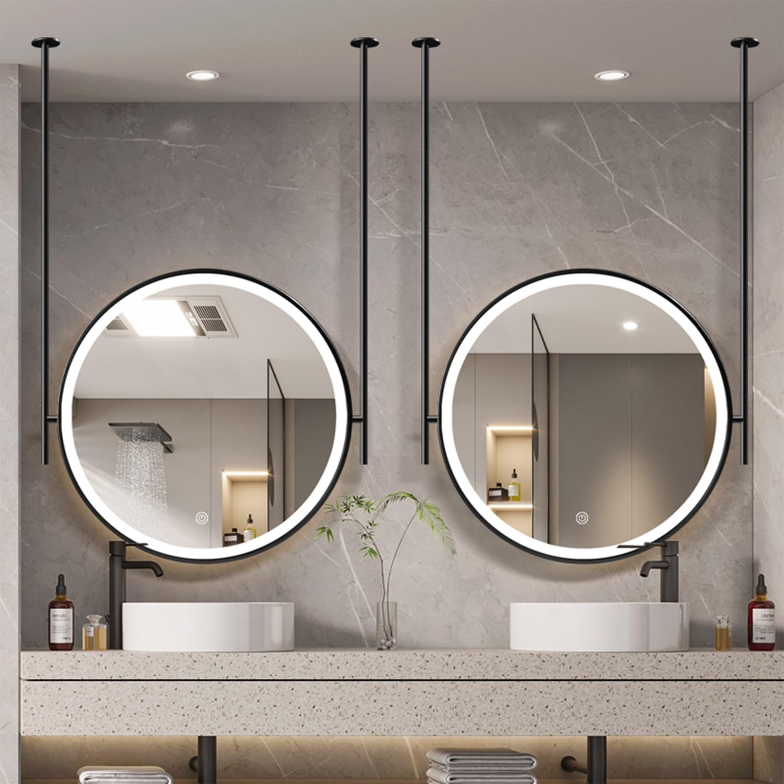 LED do zawieszenia na suficie, nowoczesne okrągłe dekoracyjne lustra do golenia z metalową ramą i wysięgnikiem sufitowym, czarne (średnica - 40 cm)