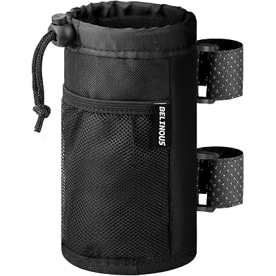 Belinous Bike Cup Holder for 8-24oz Bottles, Scooter Water Bottle Holder for Walker Wheelchair UTV Golf Cart and Boat, e-Bike Drink Holder with Net Pockets and Hook and Loop Straps