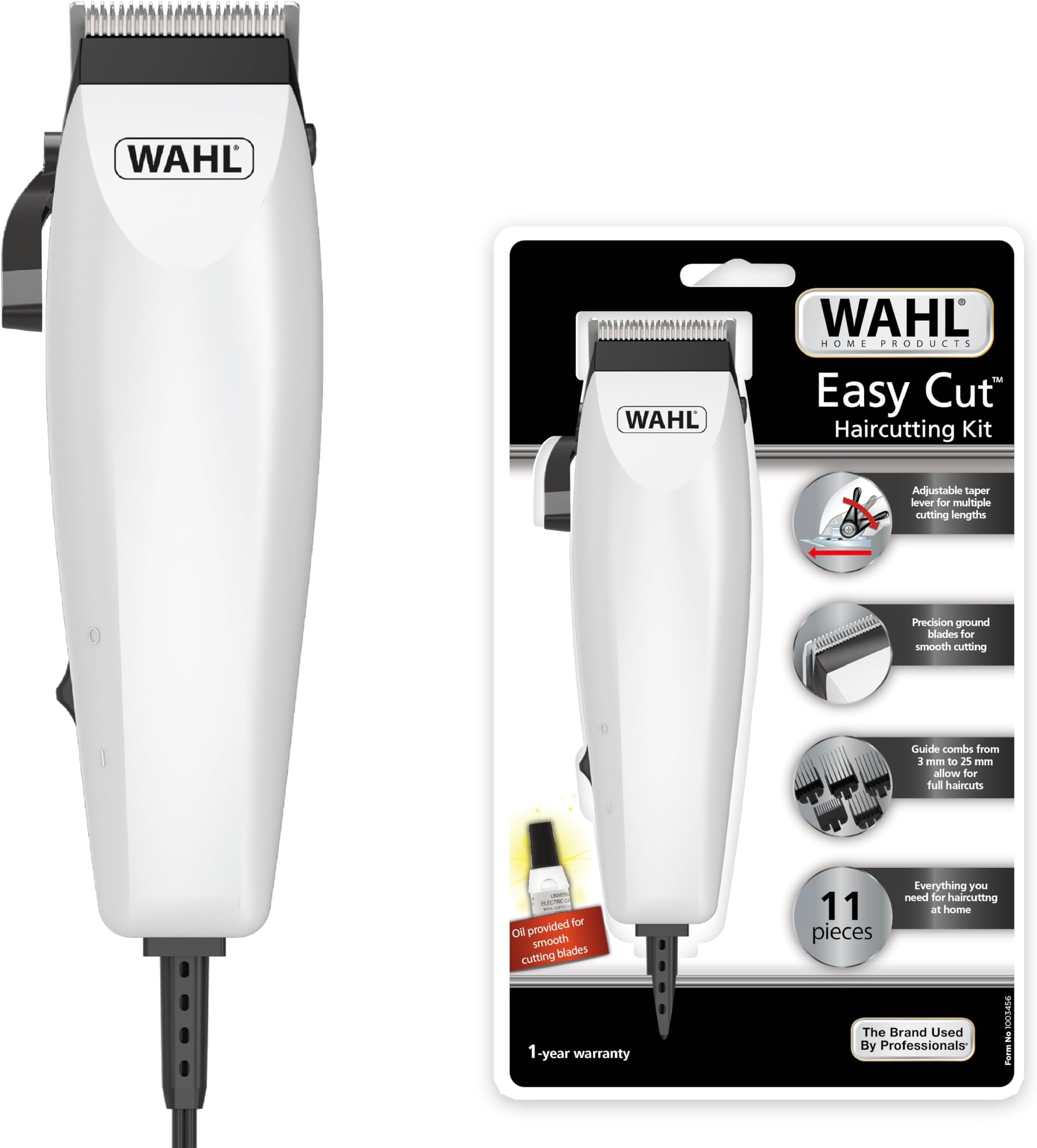 Easy Cut 11-piece complete hair clipper kit, Self-sharpening Blades Hair Cutting Kit, Adjustable taper lever for multiple cutting lengths,6 Guide Combs, White, 09314-3327