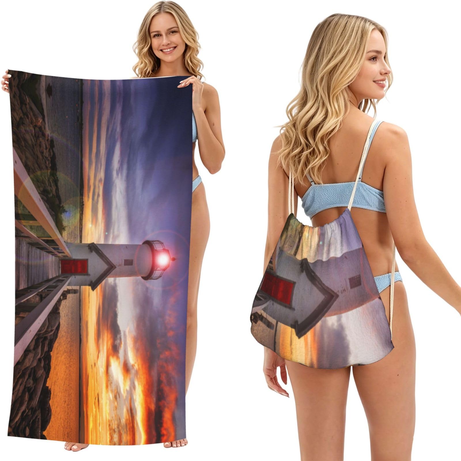 WSHFFILO Lighthouse printed 2 in 1 Packable Towel Bag Bath Towel Beach Towel