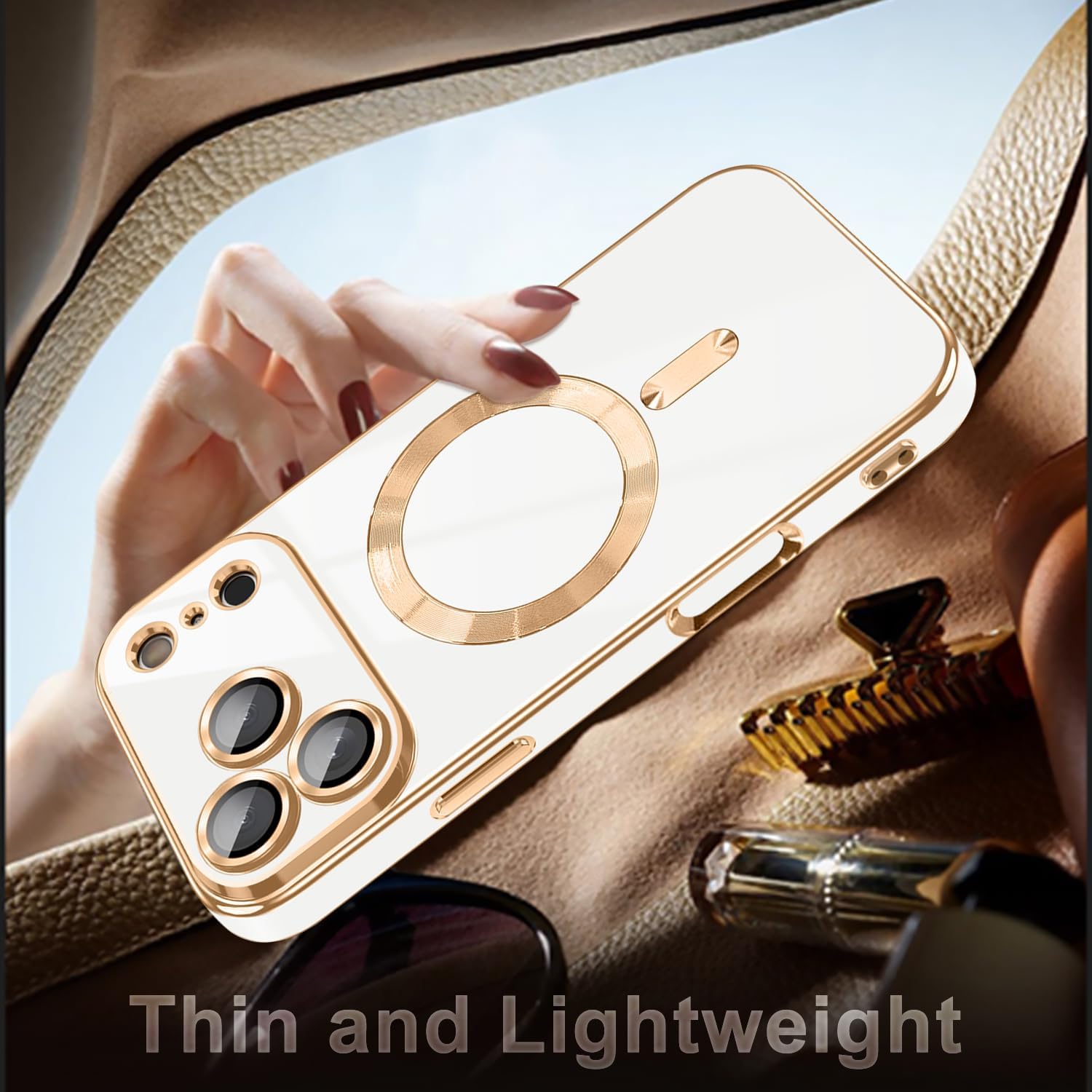 Dinick Designed for iPhone 17 Pro Max Case with Magnetic [Built-in Camera Cover] Compatible with MagSafe Soft TPU Glitter Cover Anti-Scratch Protective Slim for iPhone 17 Pro Max Case White and Gold - Image 6