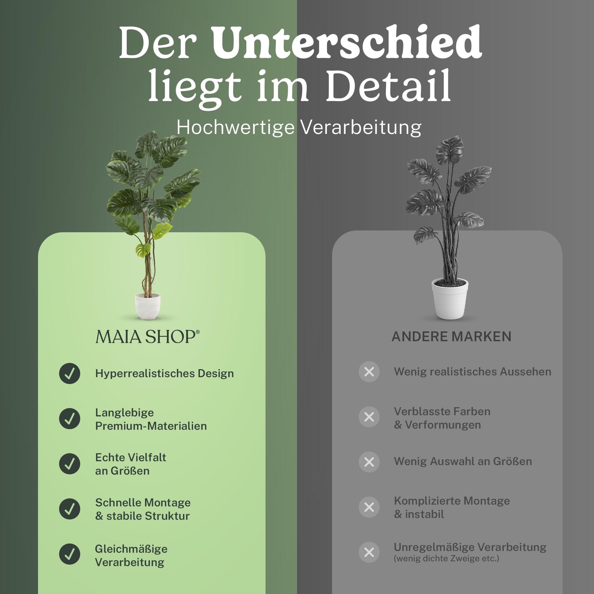 Maia Shop Monstera Künstlich 180 cm - Kunstpflanze wie Echt | Große Kunstpflanze mit Realistischen Blättern für Wohnzimmer Flur und Büro - Schwarzer Topf Inklusive