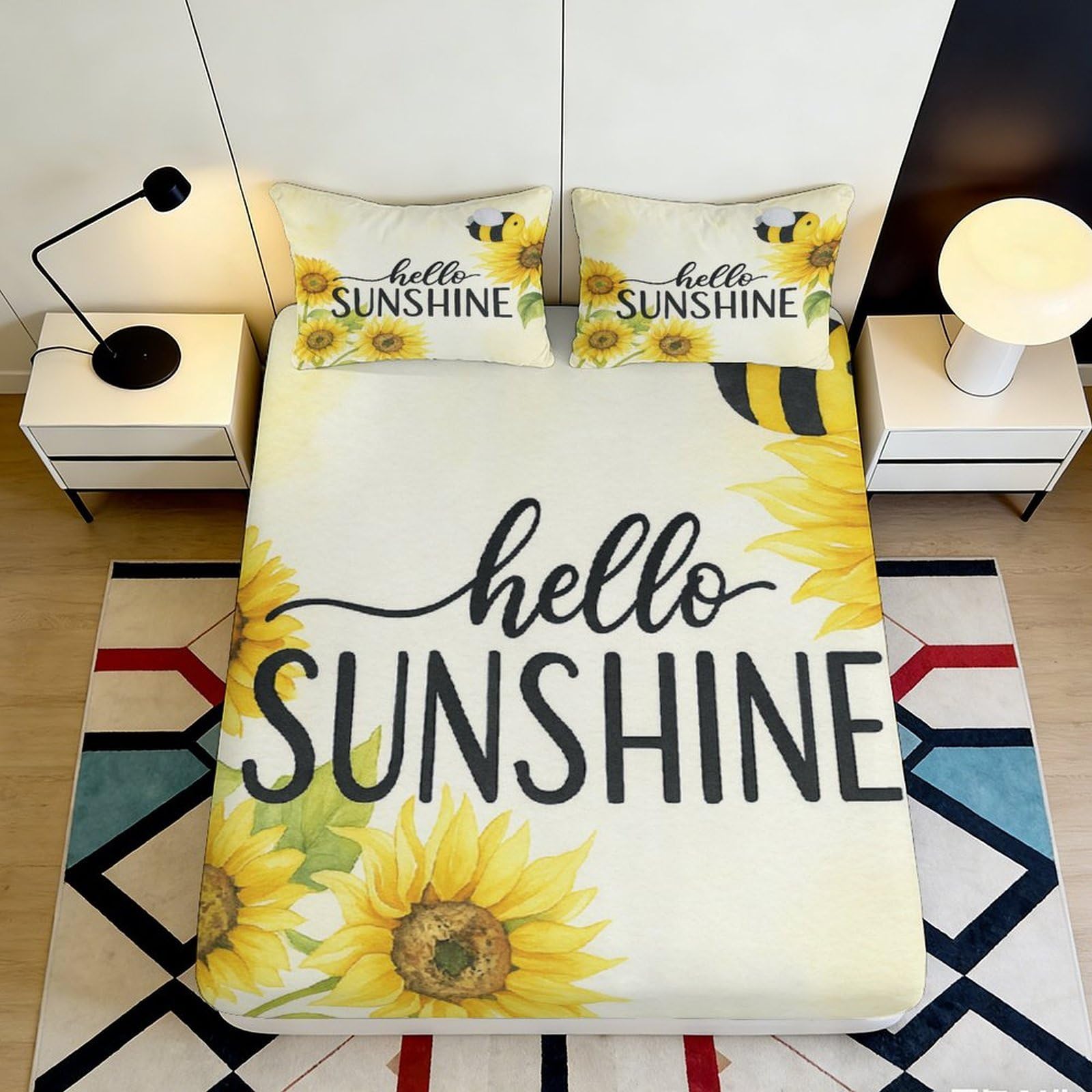 3D Printed Sunflower Fitted Sheet Microfiber Soft Breathable Bumblebee Bed Cover for Bedroom Dormitory Guest Room Mattress Protection Decor 180x200x25cm