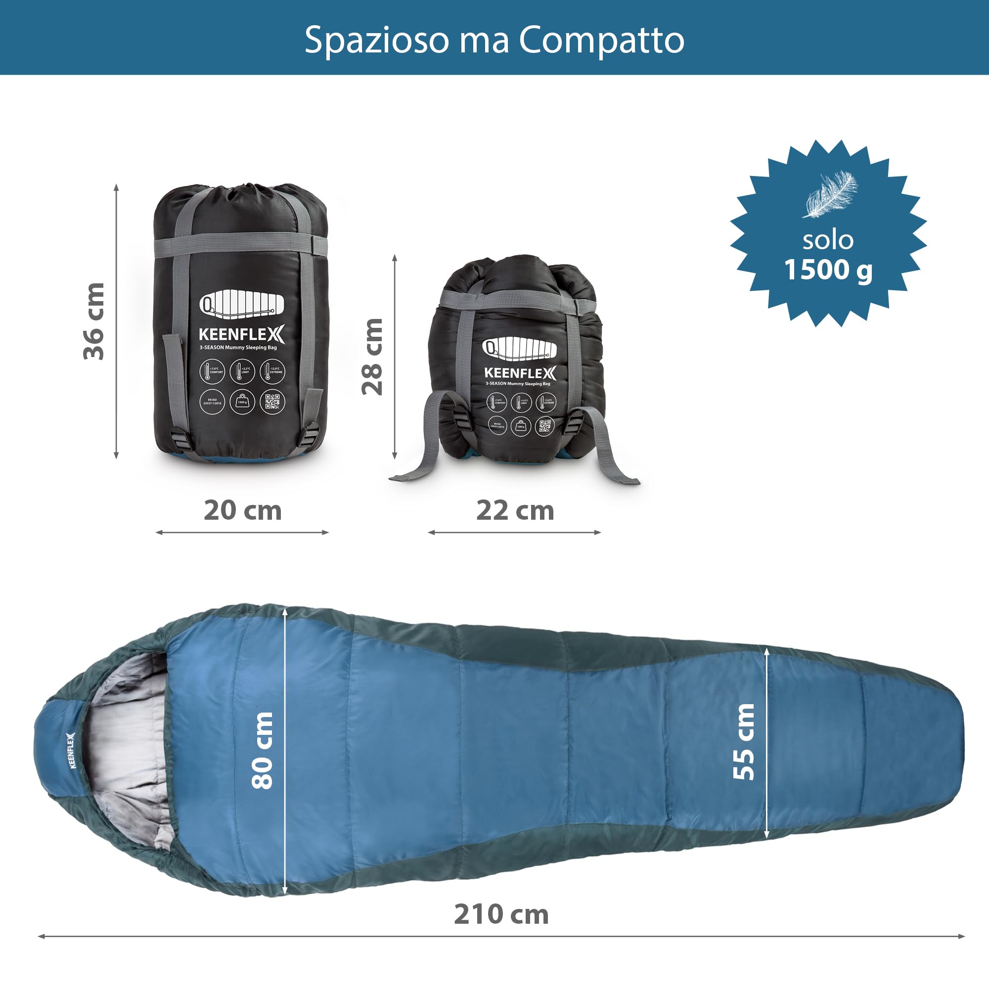 Sacco a pelo per adulti – Piccolo e ultraleggero – 3 stagioni (1500 g) e sacco a pelo estivo (900 g) – per campeggio e attività all'aperto