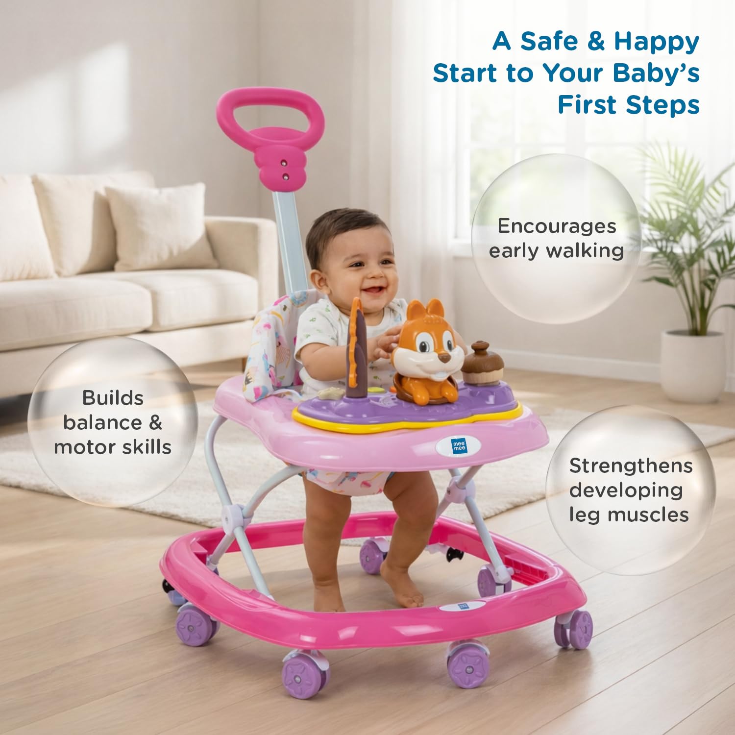 Mee Mee Rabbit Baby Activity Walker with Musical Toy & Feeding Tray | 3 Height Adjustable | Safety Stopper & Lights | Foldable Walker for 6β24 Months | Up to 15 kg | Pink 1