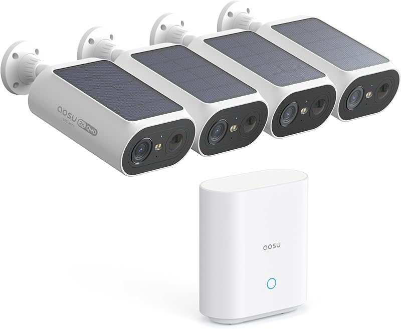 aosu 2K QHD Cámaras de seguridad solares Sistema inalámbrico para exteriores, kit de 4 cámaras | Visión nocturna en color 2K, energía solar, alarmas Stren&Light, instalación de bricolaje en 2 minutos, no requiere suscripción