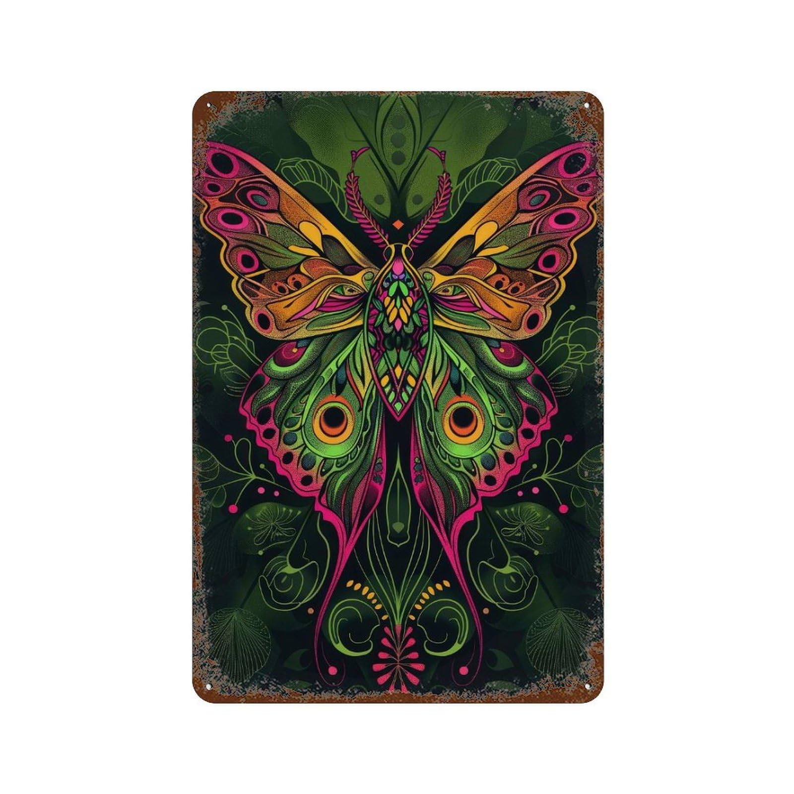 Rust Effect Neon Art Nouveau Moth Rusty Metal Tin Sign 11.8"x7.9", Industrial Home Decor for Living Room, Hallway And Home Decor