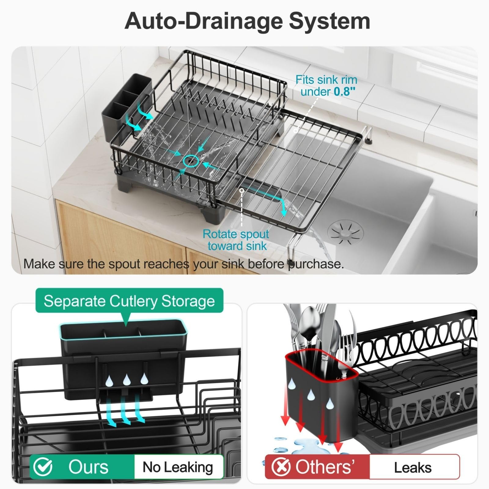 GSlife Escurridor de platos expandible con escurridor, multifuncional, 2 en 1, para encimera y fregadero de cocina, escurridor de platos grande con 2 ranuras para sartenes y soporte para utensilios,