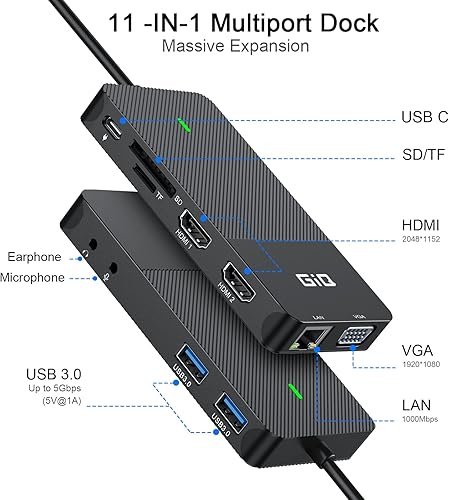 Miniatura 2 de Estación de acoplamiento USB GIQ USB C HUB USB 3.0 a HDMI dual Adaptador VGA de triple pantalla USB C Estación de acoplamiento para portátil Monitor
