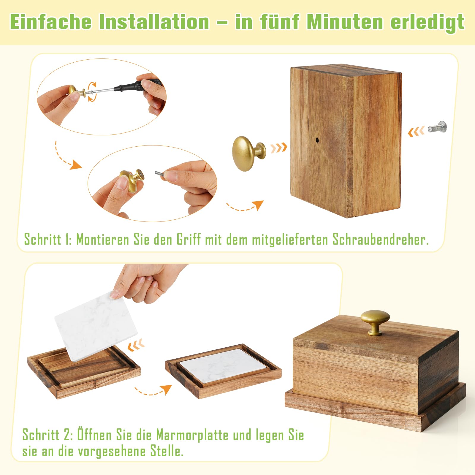 Butterdose aus Akazienholz mit Marmorplatte – Für 250g streichzarte Butter | Holz Butterschale zur idealen Aufbewahrung | Butterglocke