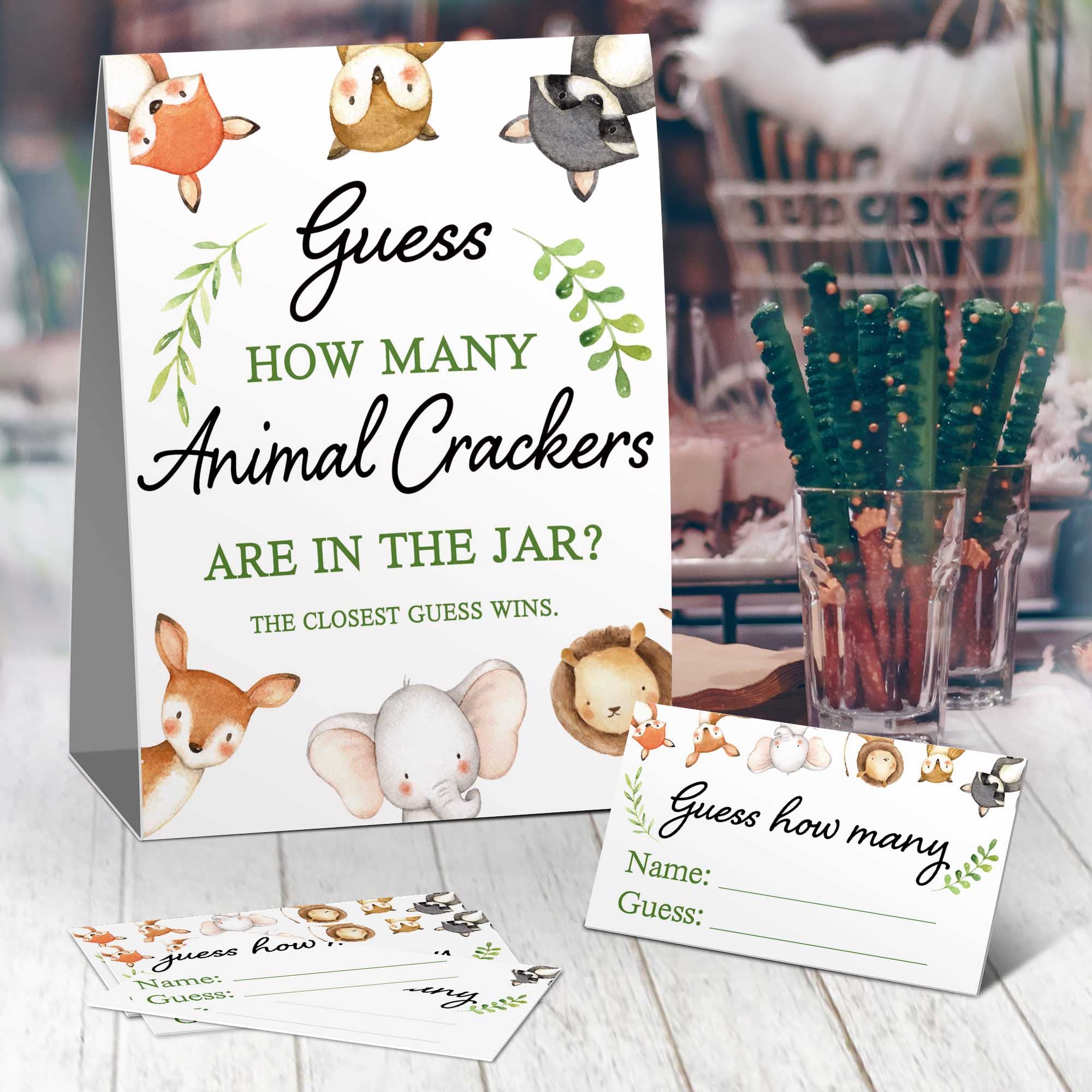 Zgadnij, ile krakersów zwierząt znajduje się w słoiku, akwarela zwierzęta leśne dekoracje na baby shower, (1 znak + 50 kart), ile krakersów zwierząt urodziny, Boże Narodzenie, zabawna gra imprezowa
