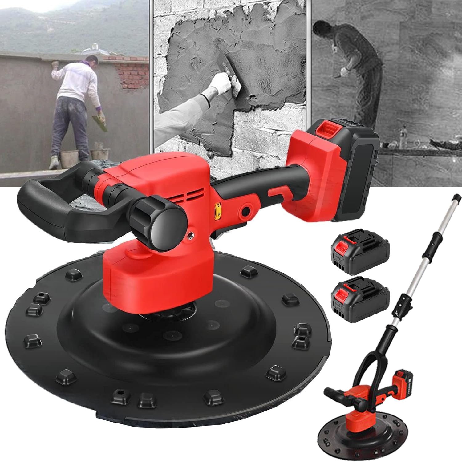 Llana eléctrica para mortero de Cemento y hormigón, alisadora eléctrica de Paredes de 1680 W, lijadora de Yeso portátil de 40-300 RPM con Varilla mezcladora y Llana eléctrica,15000mAh-2Battery