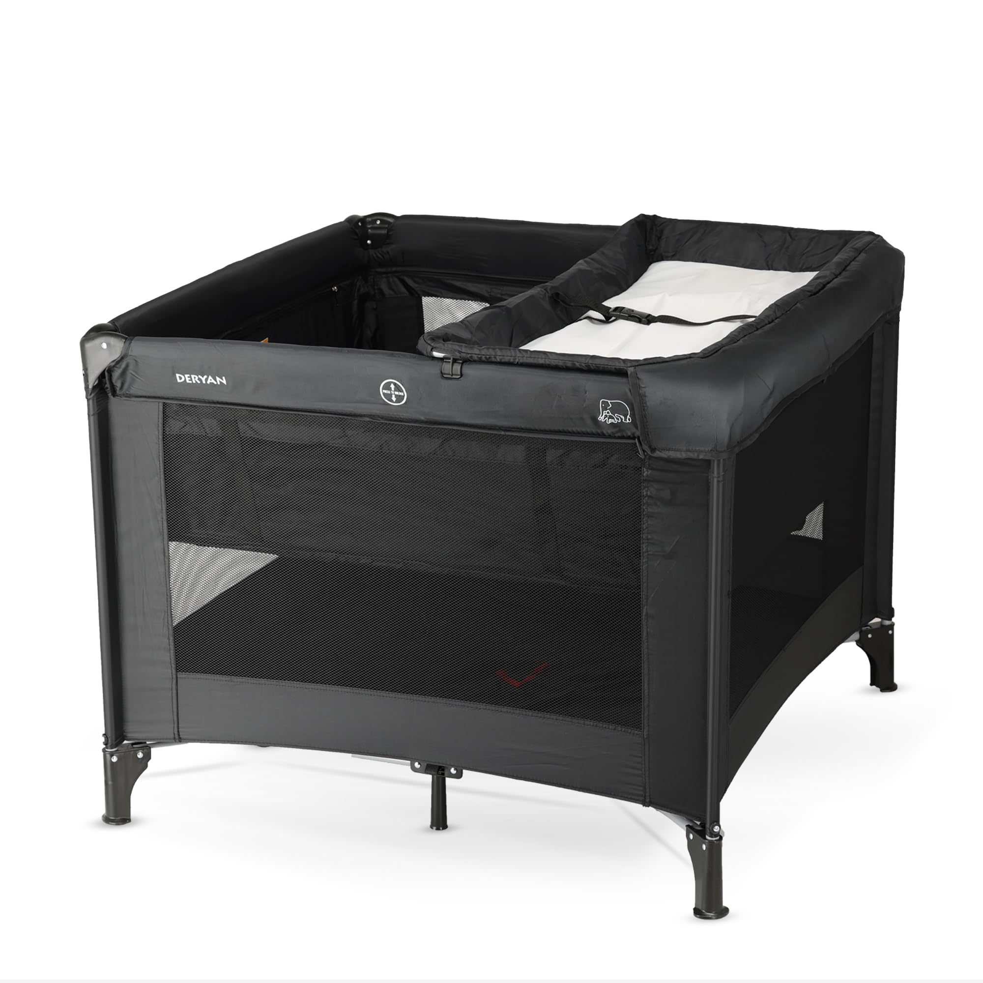 Deryan Lit Parapluie Bébé avec Matelas Inclus, 0-5 Ans (0-20 kg), Léger 9 kg, Grand Matelas, Ouverture Latérale, Design Pliable, Sac de Transport Inclus, 100 x 100 cm (Noir)