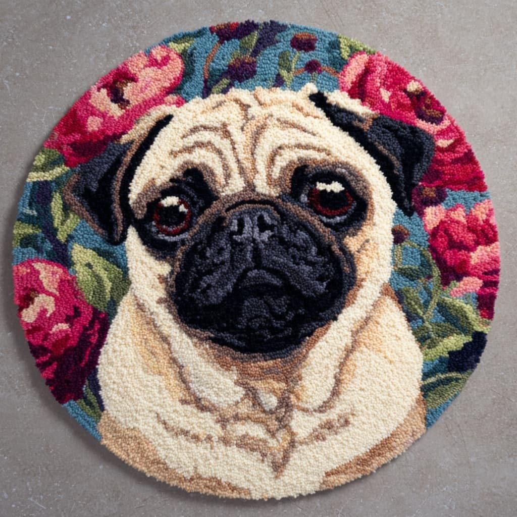 kitphoenix DIY Latch Hook Rug Kits Pug Easy for Beginners Round Carpet Crochet Yarn Craft Large Rug Hook and Latch Tapestry for Home Decor 50X50Cm