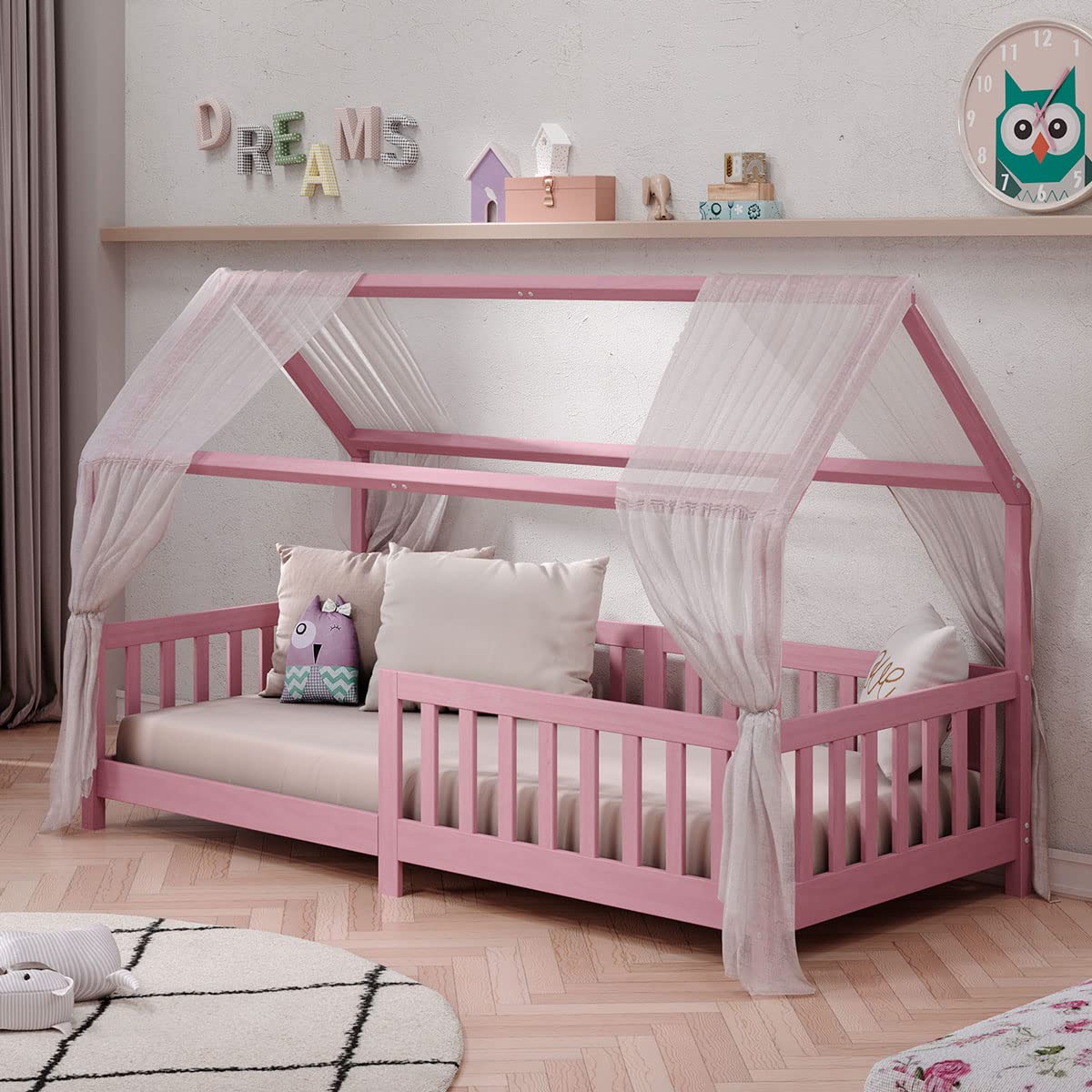 IDIMEX Cama Infantil Menina Montessoriana Solteiro Casinha com grade Nina