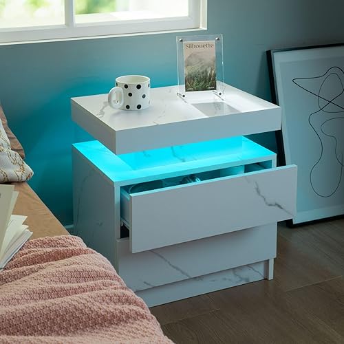 Miniatura 14 de Generic Juego de 2 Mesita de noche con 2 cajones, mesa de noche con cajones para muebles de dormitorio, mesa auxiliar con luz LED Blanco,Negro
