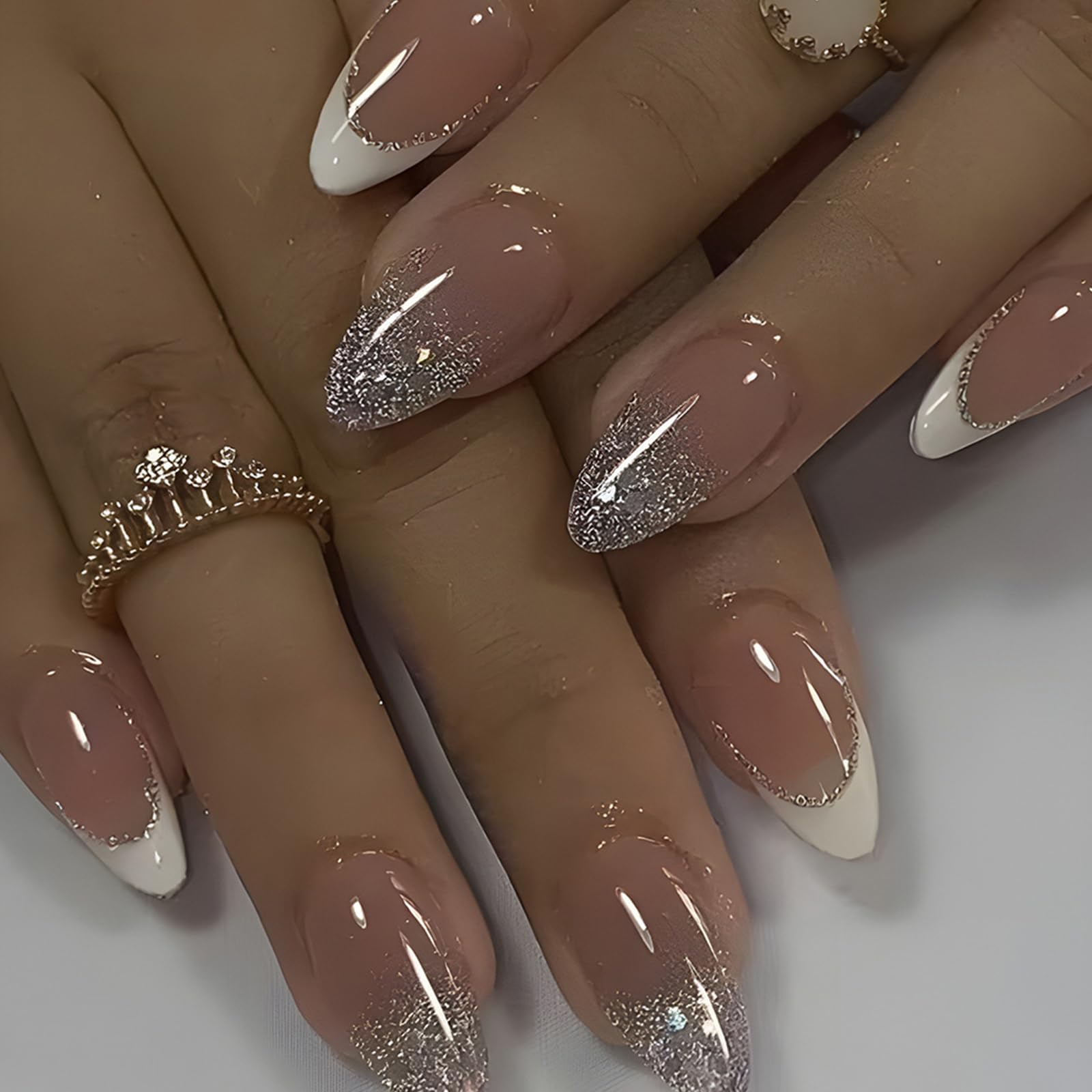 Falsche Nägel Mit Glitzer-Design – 24 Stück, Nude-Farbverlauf & Silberne Spitzen, Einfach Aufklebbar