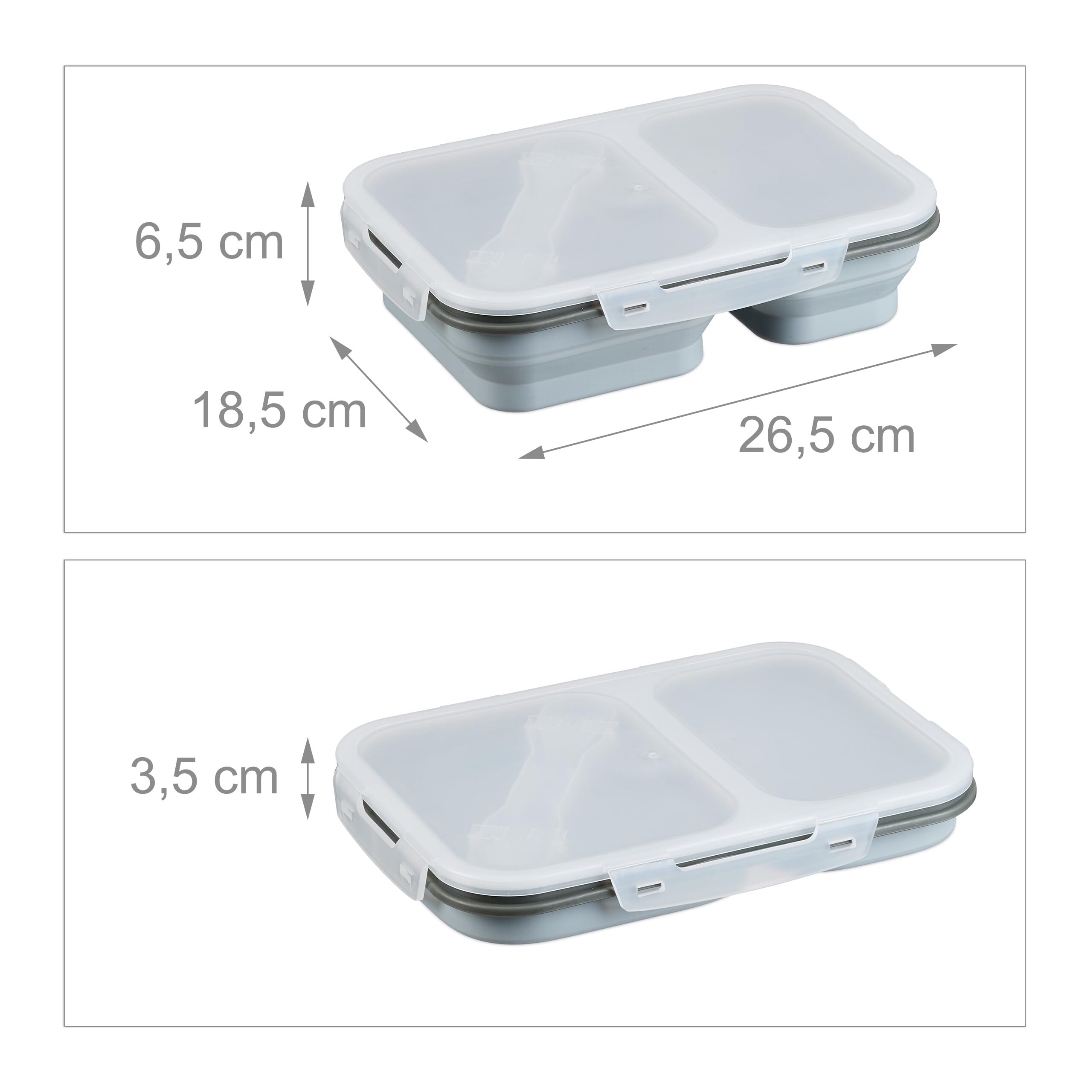 Relaxdays lunchbox, 2 vakjes, opvouwbaar, magnetronbestendig, luchtdicht, siliconen, meal prep bakje met bestek, grijs