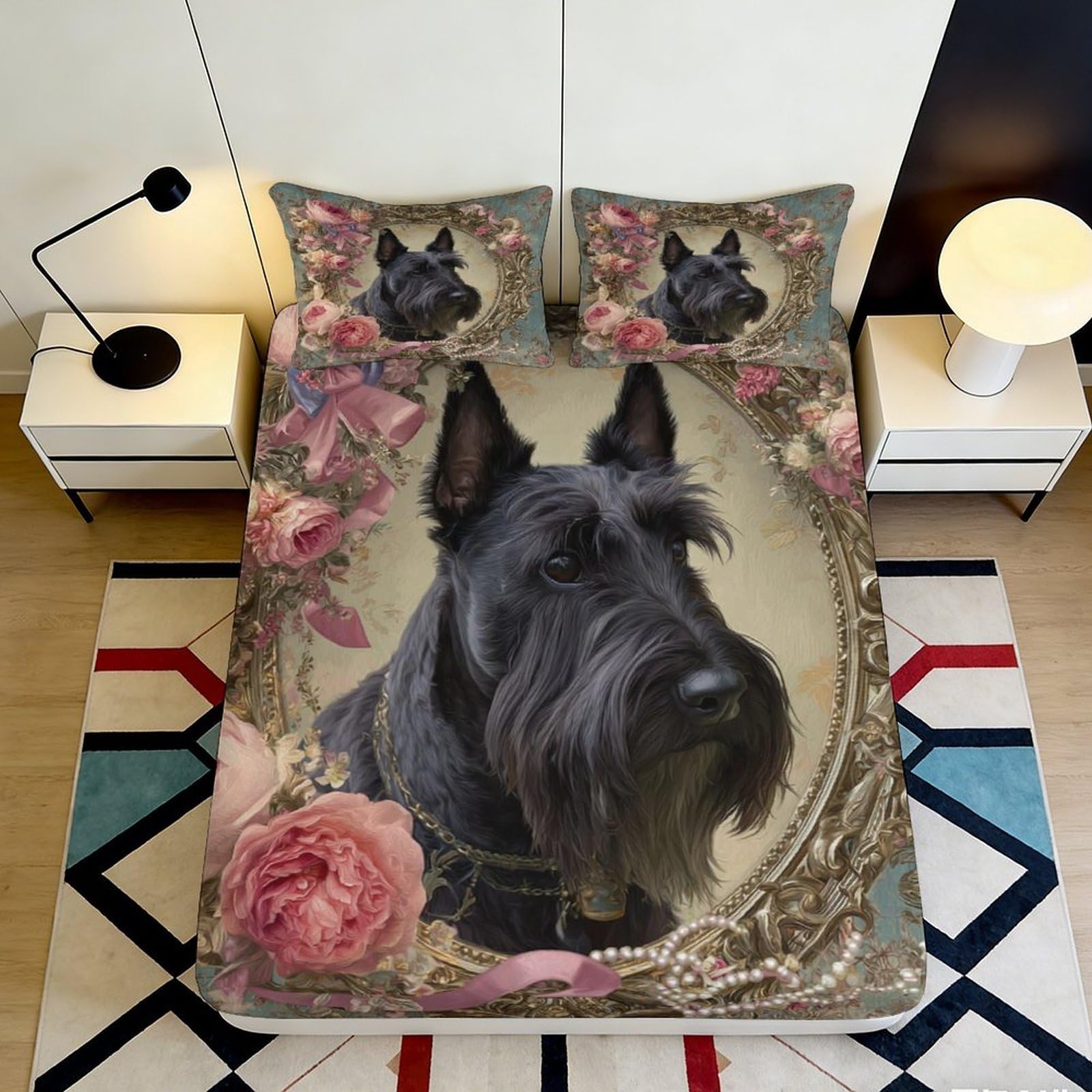 3D Printed decorative Fitted Sheet black Scottish Terrier floral pattern Microfiber soft touch, wrinkle resistant, easy care, home bedroom, guest room bedding 90x200x25cm