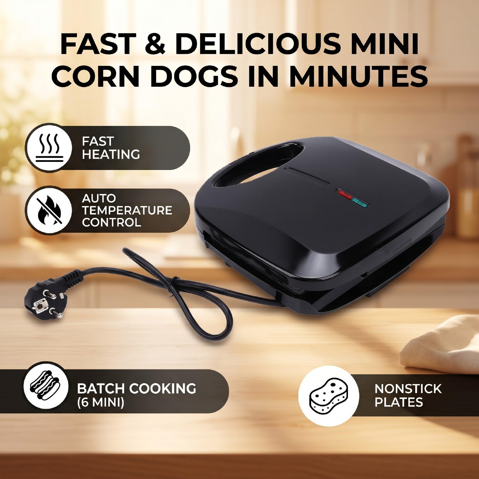 Corn Dog Maker 6-Mini, Macchina per Waffle Antiaderente per Hot Dog, Temperatura Automatica (Spina europea 220V)