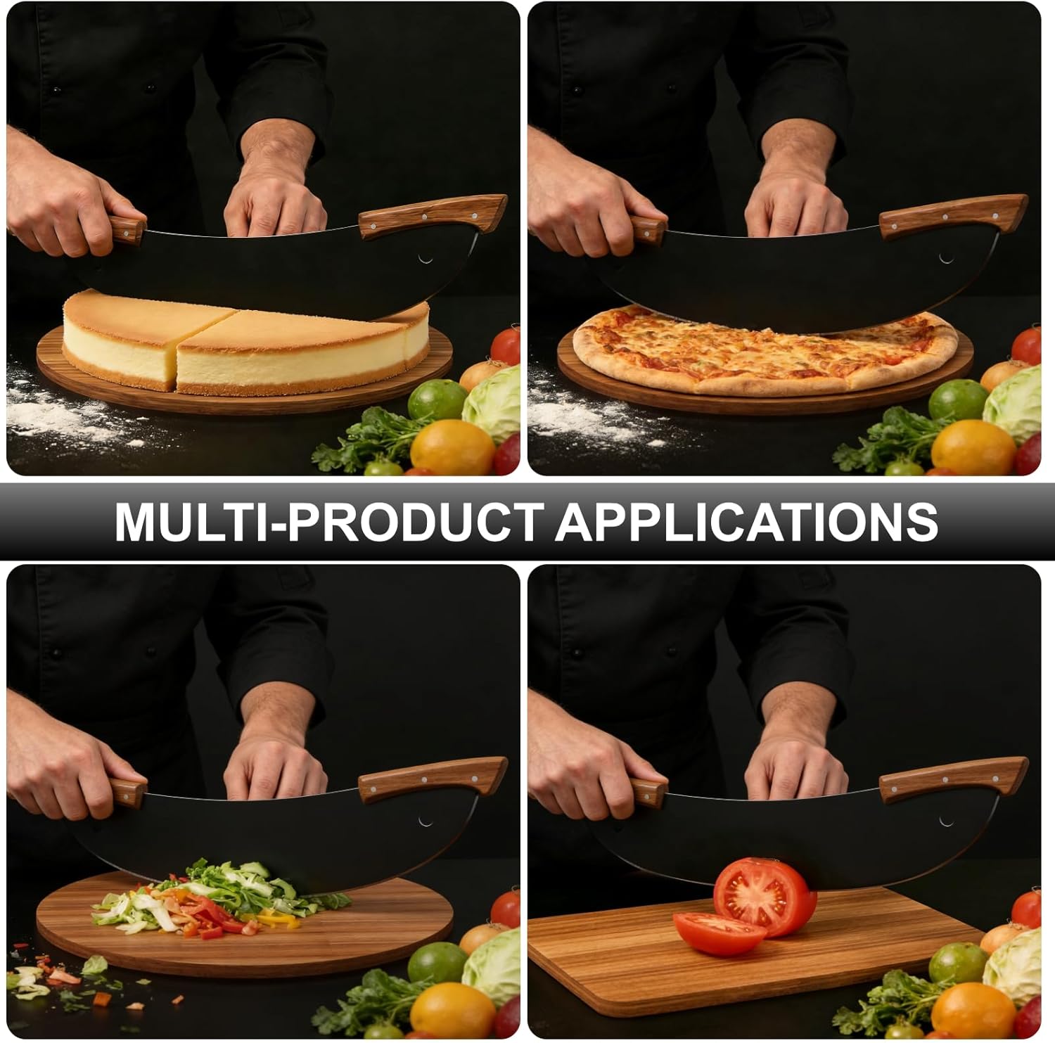20-Inch Pizza Rocker Blade Cutter, Stainless Steel with Double Wooden Handles, Professional Pizza Slicer，Black