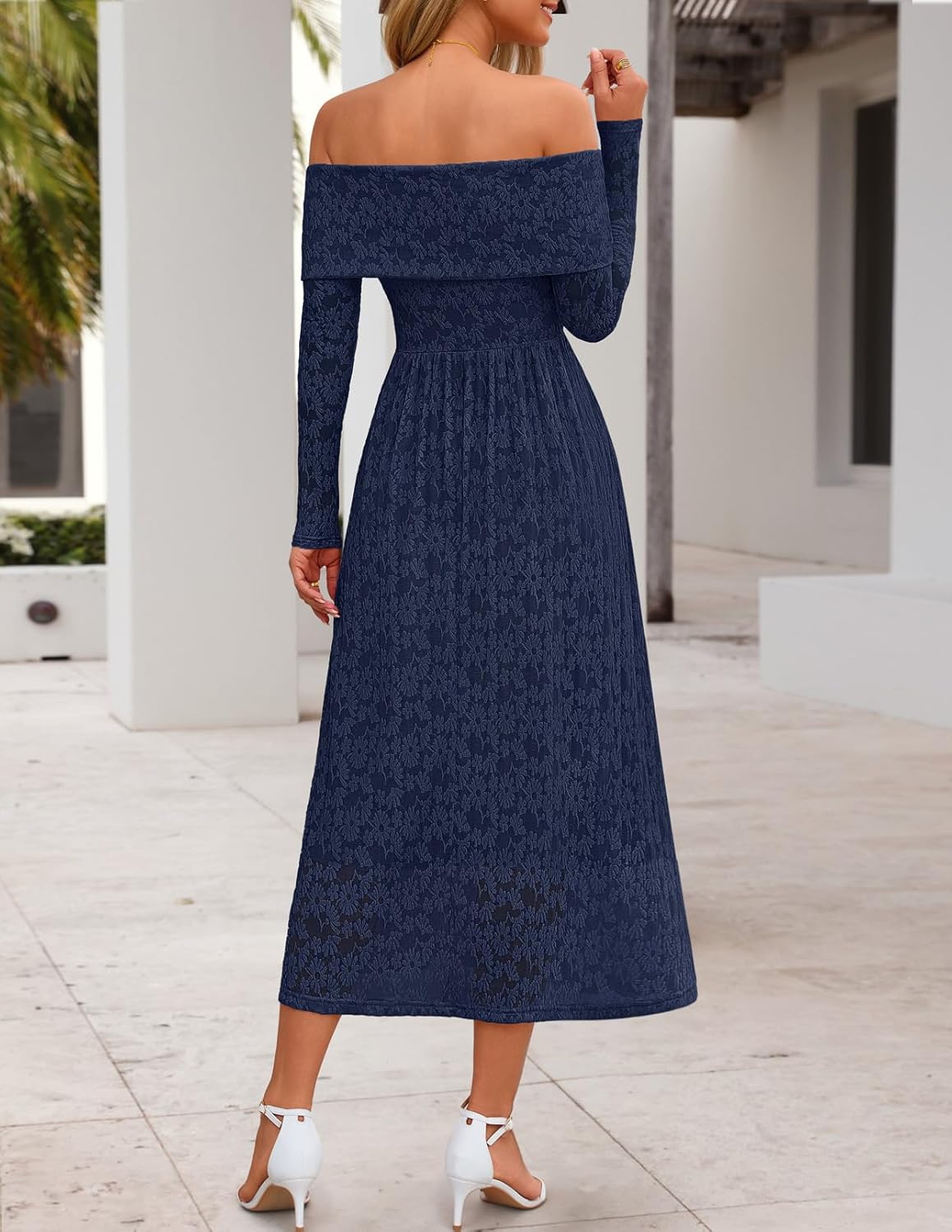 MEROKEETY Women's 2025 Fall Long Sleeve Floral Midi Dress Off Shoulder Wedding Guest Formal Long Flowy Dresses - Image 3