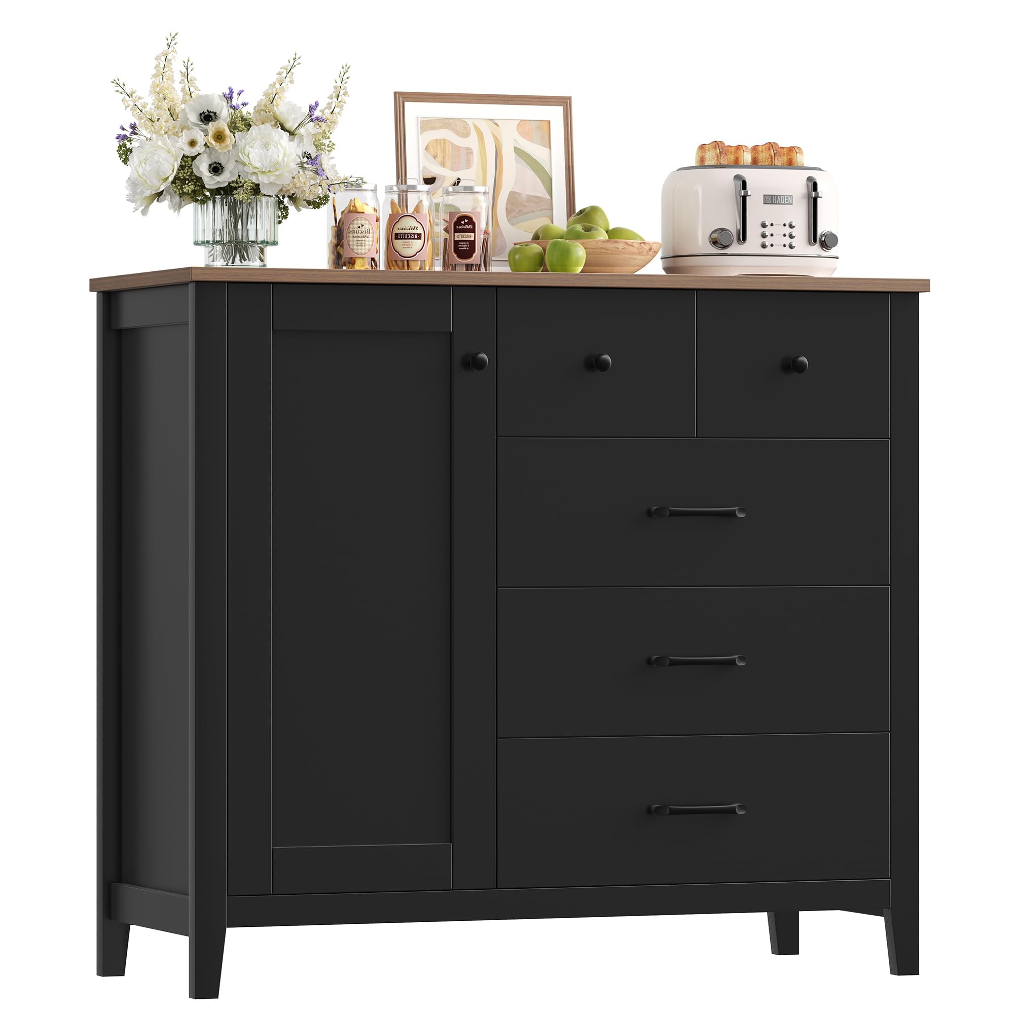 HOCSOK Aparador Cocina Negro con 5 Cajones y 1 Puerta, Aparadores | Estantes ajustables, Mueble Auxiliar de Almacenaje Moderno con Amplia Encimera, Ideal para Cocina, Comedor y Salón