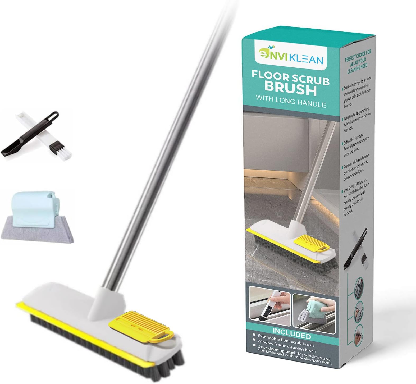 ENVIKLEAN 2 in 1 Tiles Cleaning Brush with Long Handle Squeegee Floor Scrubber Brush for Home, Kitchen, Bathroom and Windows