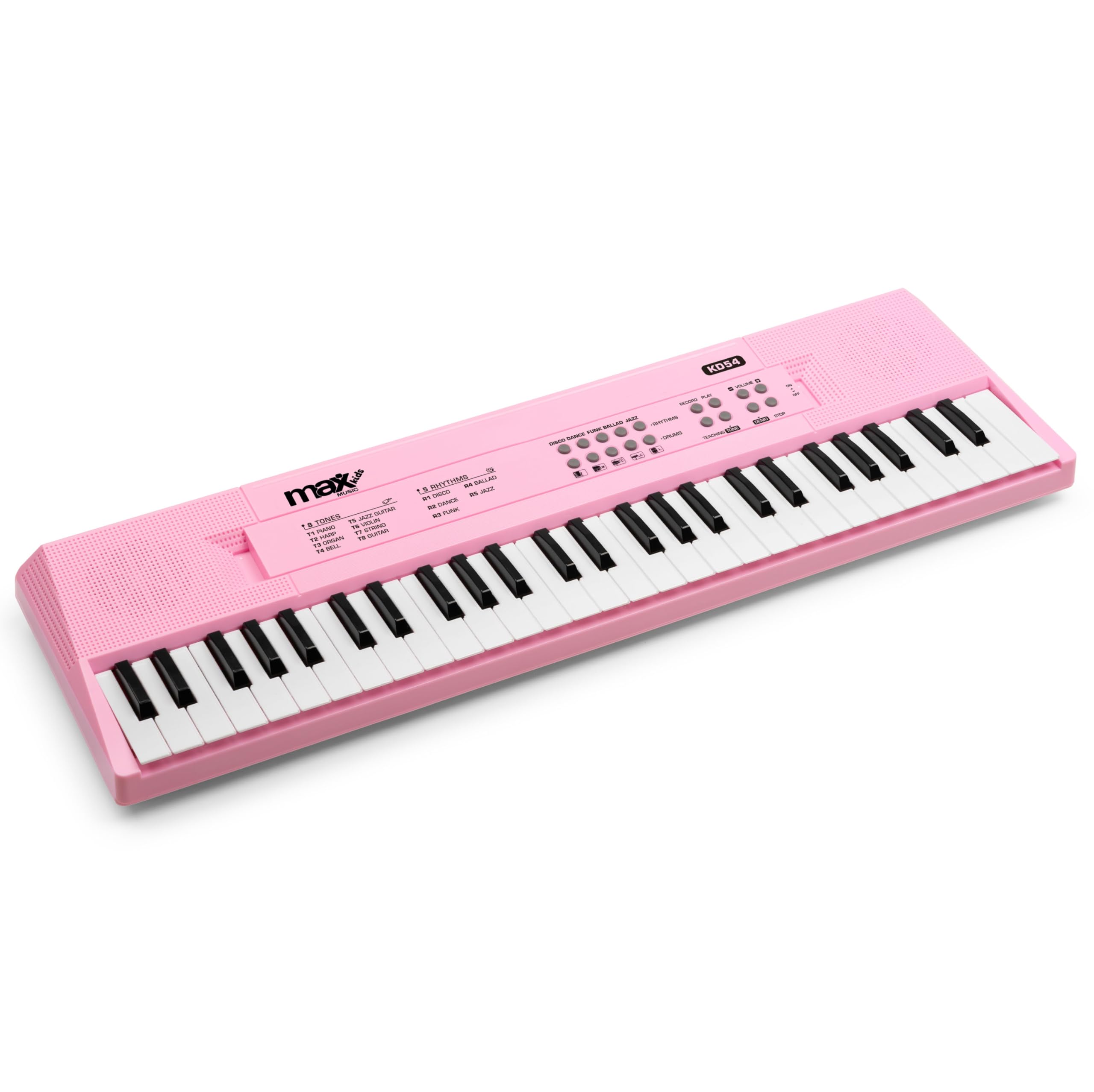 MAX KD54 – Teclado piano 54 teclas con micrófono, batería recargable y altavoces estéreo – Piano digital infantil para principiantes, niñas y niños – Teclado musical portátil – Color rosa