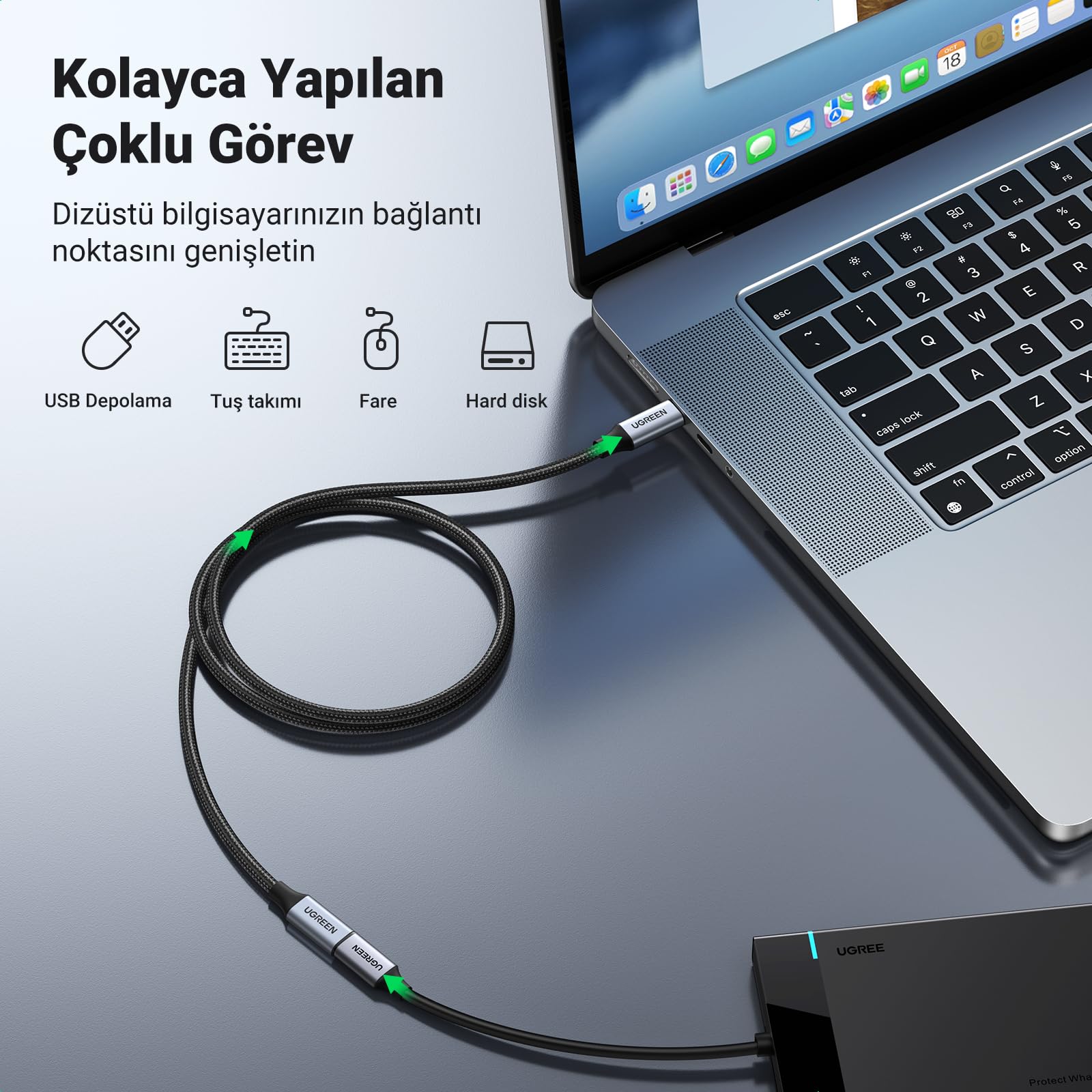 Ugreen Gen2 100 W Thunderbolt 3 Type-C to Type-C Örgülü Uzatma Kablosu 50 cm