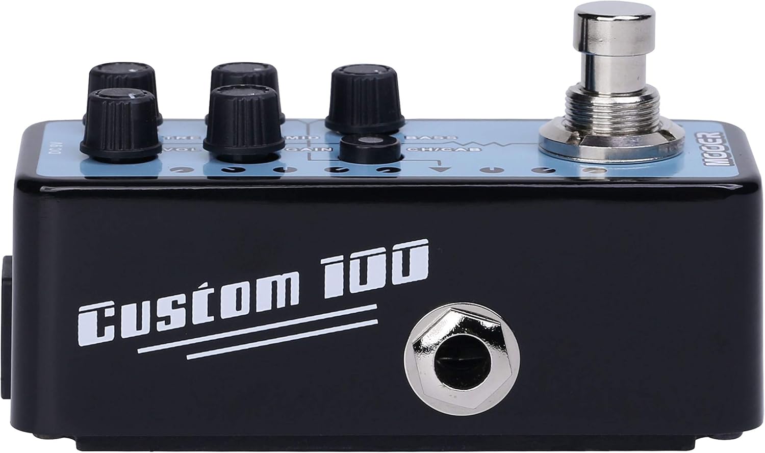 ຂ້າງ view ຂອງ MOOER Micro Preamp 18 Custom 100 pedal, showing input and output jacks.