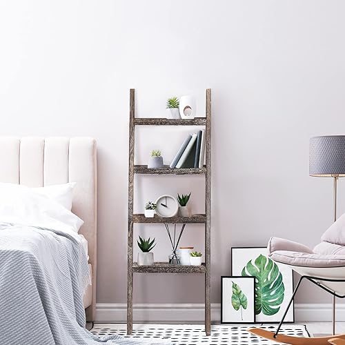 KIAYACI 4-Tier Blanket Ladder Leaning Bookshelf Bathroom Shelving Decorative Ladder Wood Shelf Blanket Ladders for The Living Room Boho Shelves(Vintage Walnut, 53" x 22")
