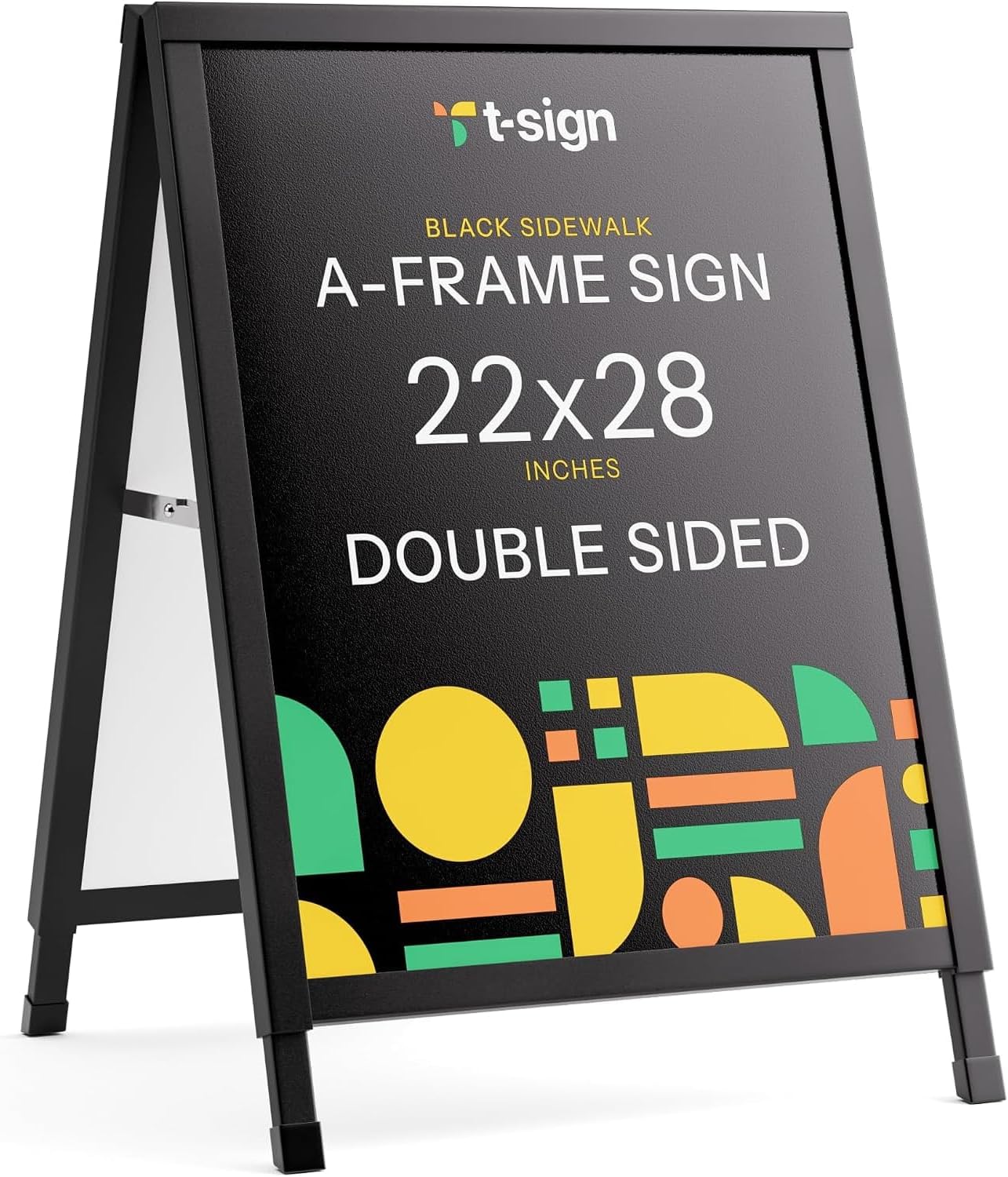 Outdoor A-Frame Sidewalk Sign 22x28 Inch Sandwich Board, Black Coated Steel Metal Double-Sided, Heavy Duty Slide-in Folding Frame Sign Holder, 2 Corrugated Plastic Poster Boards, Display Stand